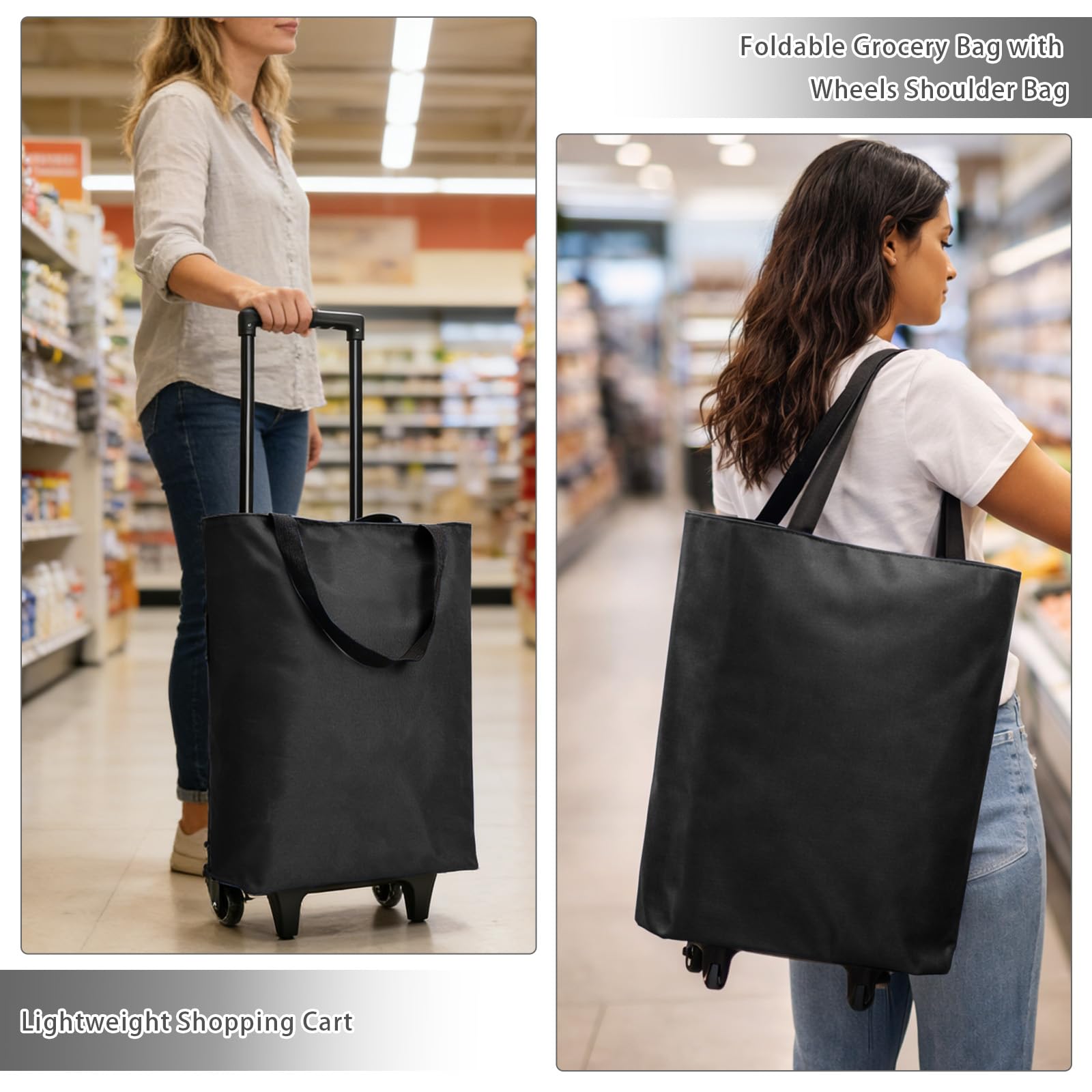 Carrello per la spesa pieghevole da 30 l, 2 in 1, grande borsa per la spesa, con 2 ruote, leggero, pieghevole, per campeggio e viaggi