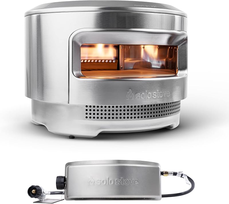 Horno para pizza Pi, quemador de leña y gas | incluido Máquina para hacer exteriores de acero inoxidable, conjunto de combustión, quemador, piedra de cordierita (13 mm de espesor), alto: 15,125 pulgadas x diámetro: 20,5 pulgadas, 30,5 libras, plateado
