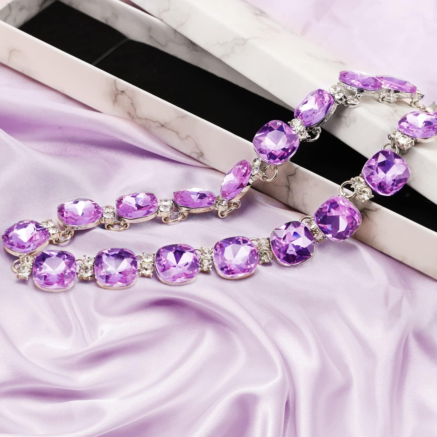 Clear Purple Austrian Crystal Wedding Bridal Jewelry Set for Brides Bridesmaid, Gemstone Statement Necklace and Earring Set Formal Prom Jewelry Set for Silver-Tone Fit With Wedding Evening Dress - Image 7