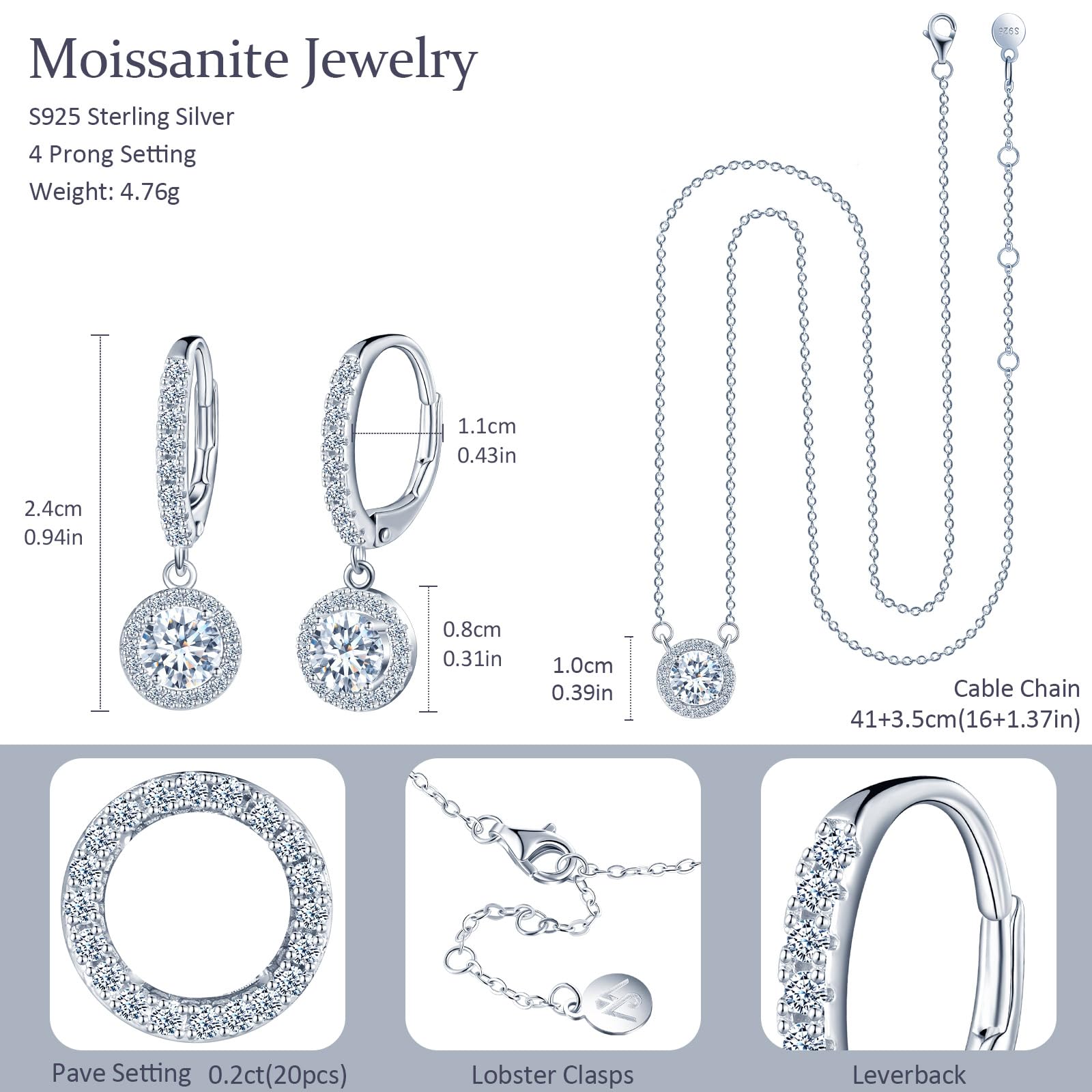 Moissanite Hängende Ohrringe Halo und Halskette Silber 925 für Damen 1 Karat Moissanite Diamant Kette und Moissanit Creolen mit Anhänger, Silber Schmuckset für Frauen Freundin