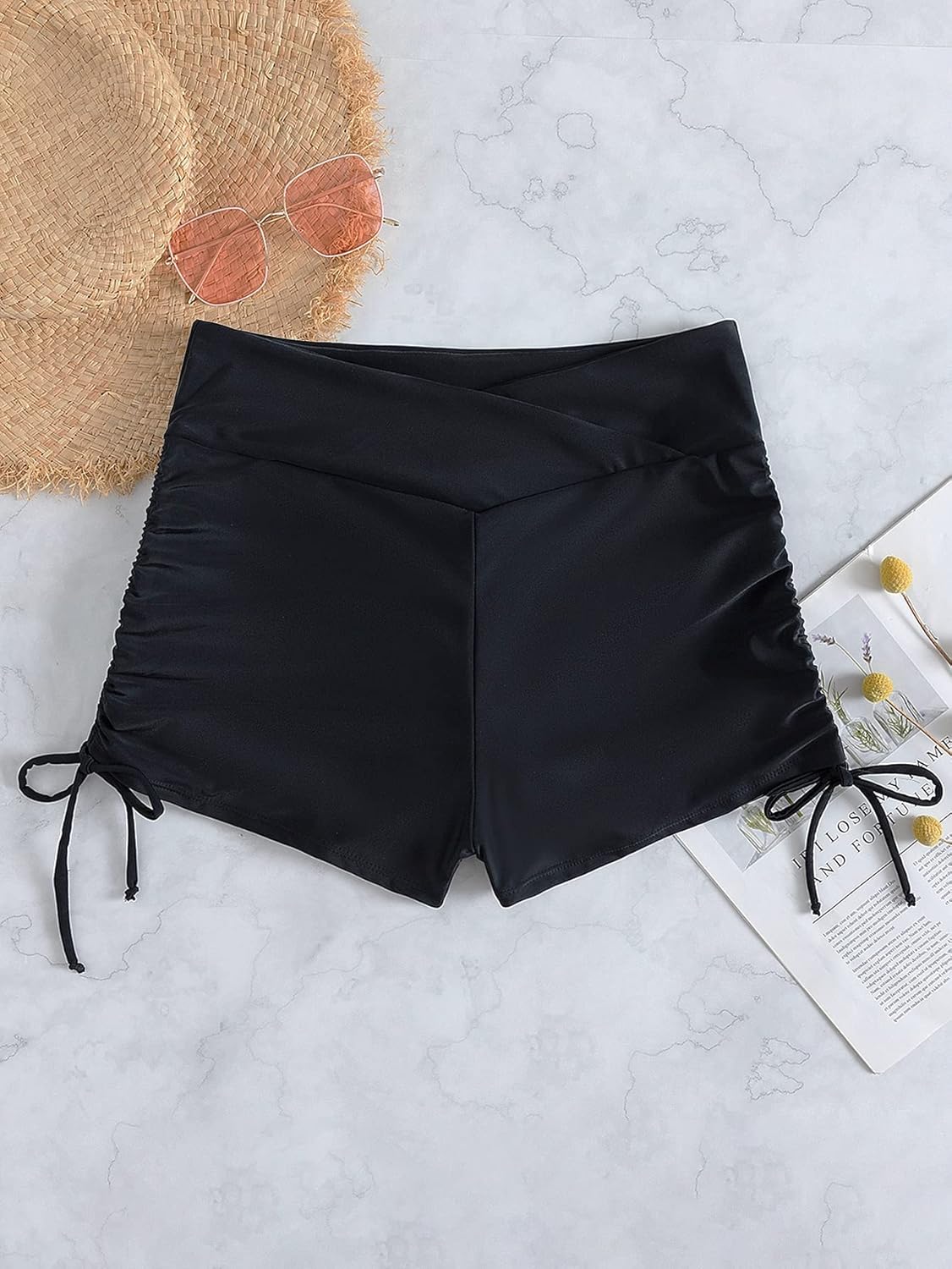 Women's V Cross High Waisted Swim Shorts Ruched Side Tie Boy Shorts Swimsuit Bottoms with Liner - Image 3