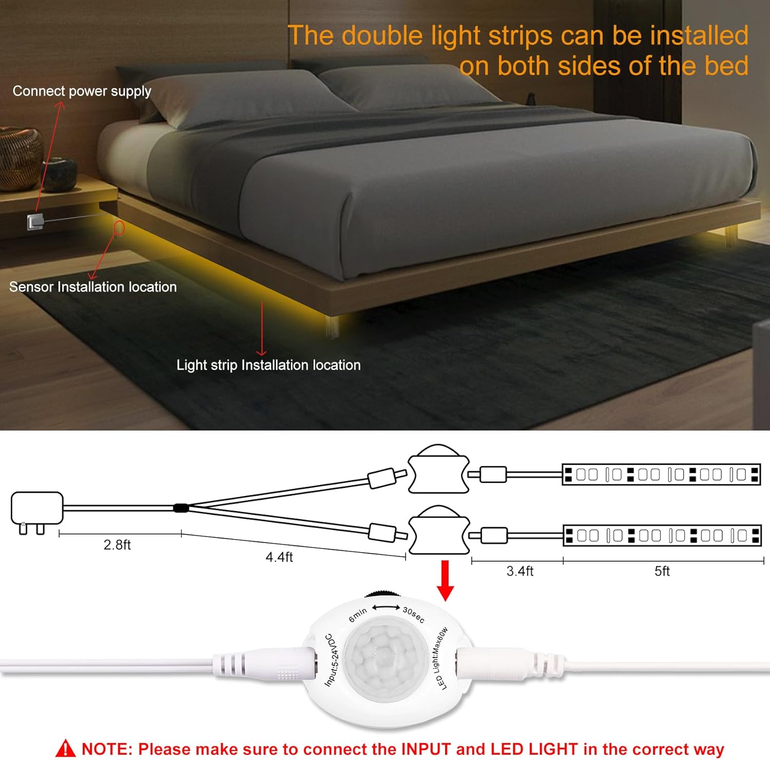 Vansky Motion Activated Bed Light, Flexible LED Strip Motion Sensor Night Light Bedside Lamp Illumination with Automatic Shut Off Timer (Warm Soft Glow)-Dual Light Strips Kit