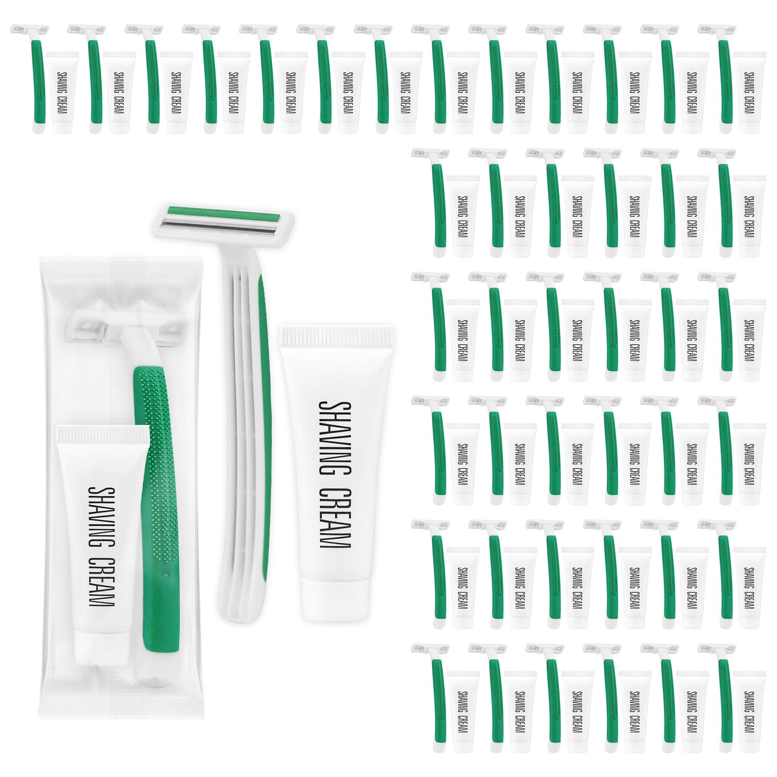 Disposable Razors in Bulk ,Green Razors Individually Wrapped Bulk,Twin Blade Razors with Clear Safety Cap and Shaving Cream, Razors For Homeless,