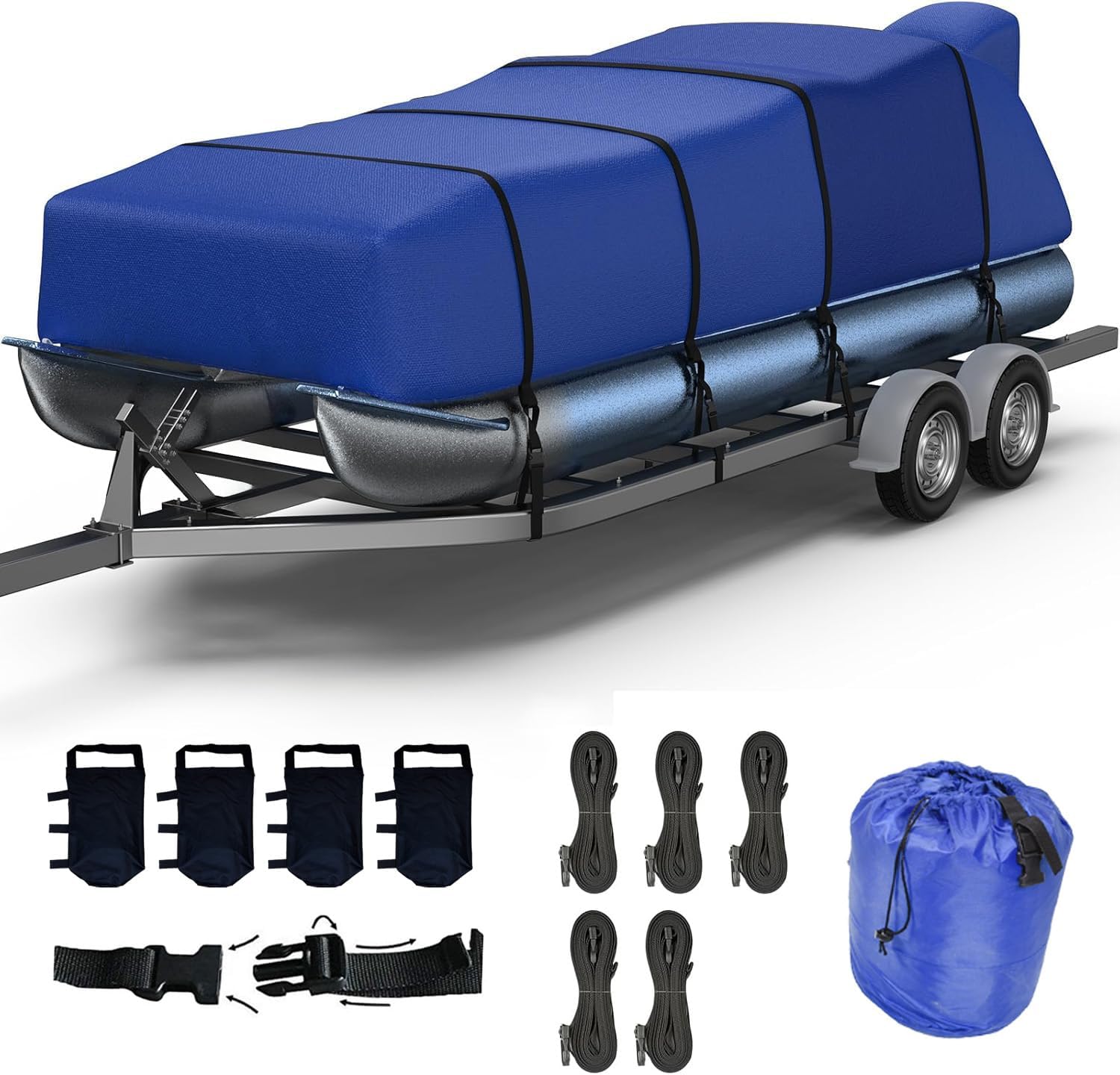 Pontoon Boat Covers 21-24 ft Waterproof PU Coating Marine Grade 420D Polyester UV-Proof with Windproof Buckle Straps Trailerable Boat Cover