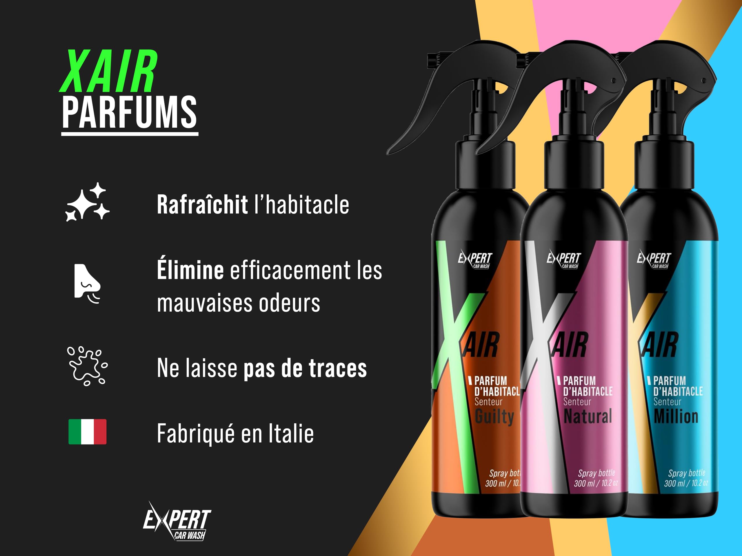 X Air - Parfum Voiture Intérieur Spray 300 ml - Senteur One Million - Désodorisant Voiture Longue Durée Non Entêtant - Élimine Odeurs Tabac & Animaux - Concentré & Économique - Fabriqué en Italie