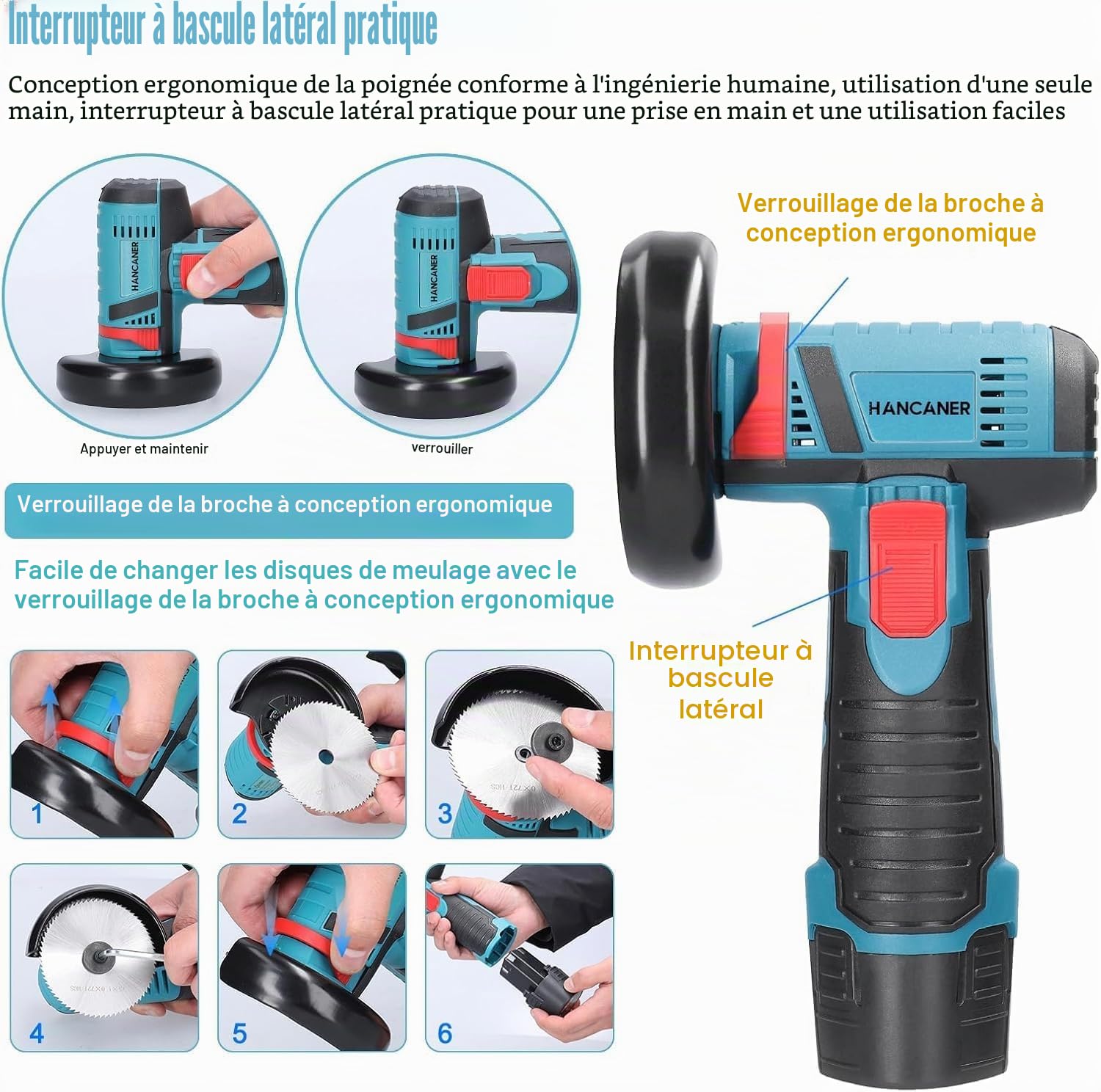 Mini Meuleuse D'Angle Sans Fil Hancaner 19500RPM 12V Professional Disqueuse | 2 Batterie 2.0Ah | 6 Disques à Tronçonner 76mm | Meuleuse Angulaire Sans-fil pour le Meulage et la Coupe