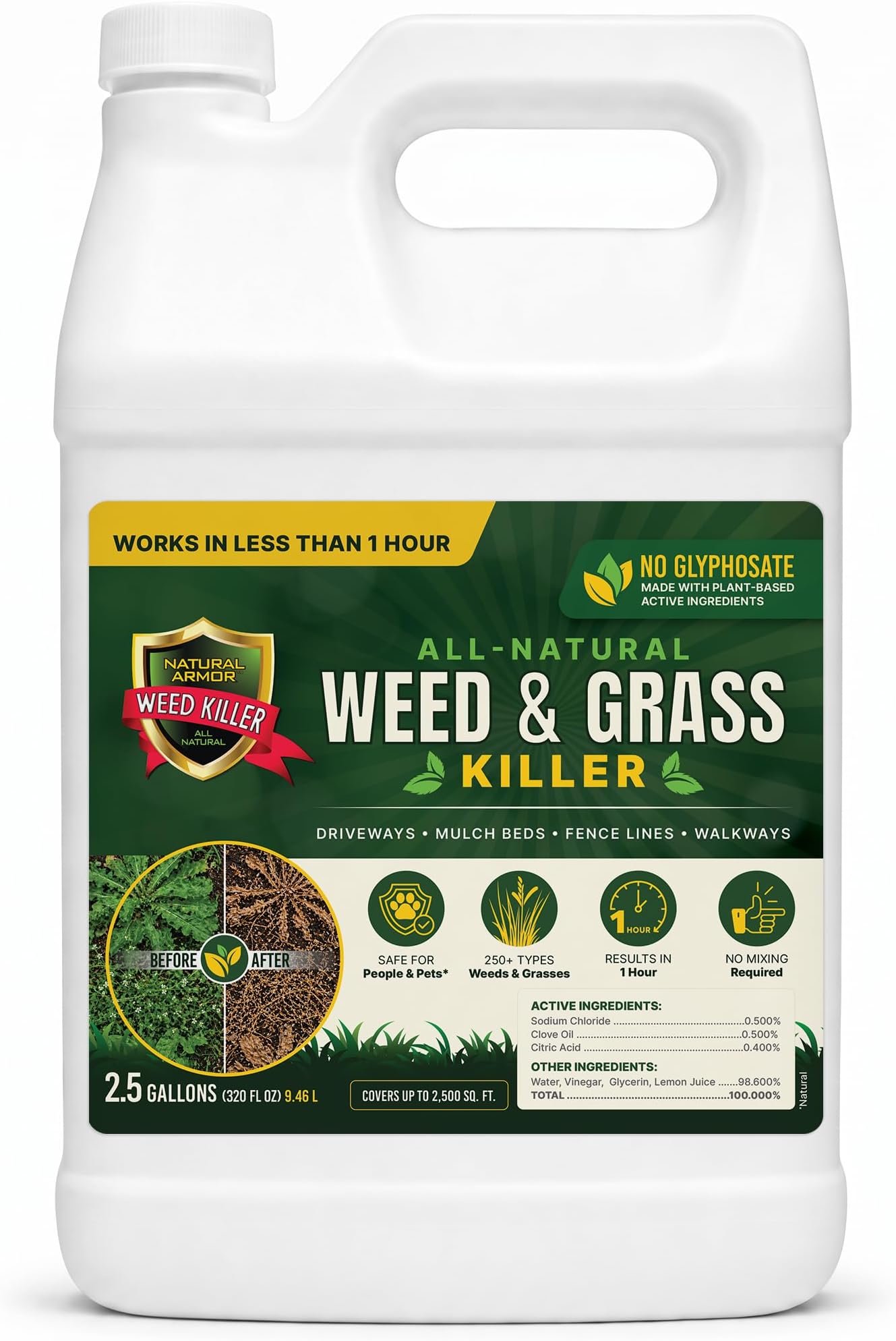 Natural Armor Weed & Grass Killer - 2.5 Gallon (320 oz) | Works In Less Than 1-Hour Natural Weed & Grass Killer No Glyphosate