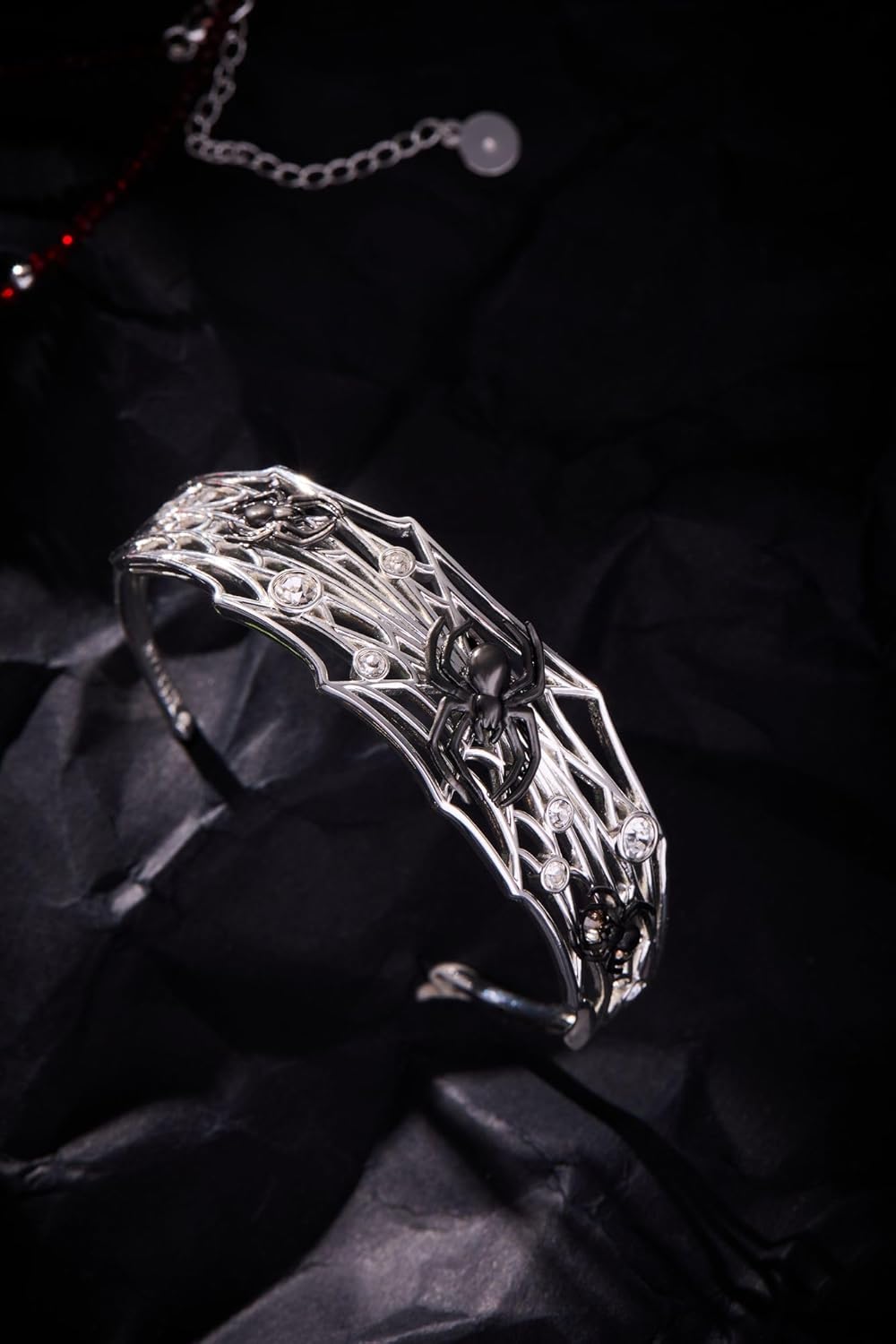 Alex and Ani Silver Cuff Bracelet - Spider Web Design with Black Spiders, Glows in the Dark, Crystal Accents, Spooky Halloween Jewelry, Nickel-Free