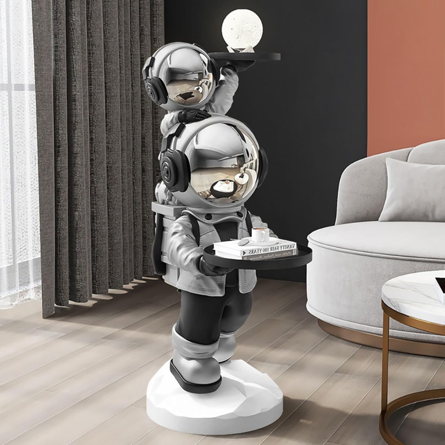 Modern Silver Astronaut Floor Sculpture, Spaceman Figurine Statue with Tray Top for Home Decoration