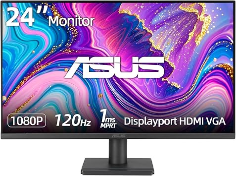 ASUS TUF 24" IPS Monitor, Full HD1920x 1080, LED Display, 120Hz, 1ms, Adaptive-Sync, 99% sRGB, Anti-Glare M, VESA Mountable, Speakers, DisplayPort, HDMI, VGA, Ajustable Stand