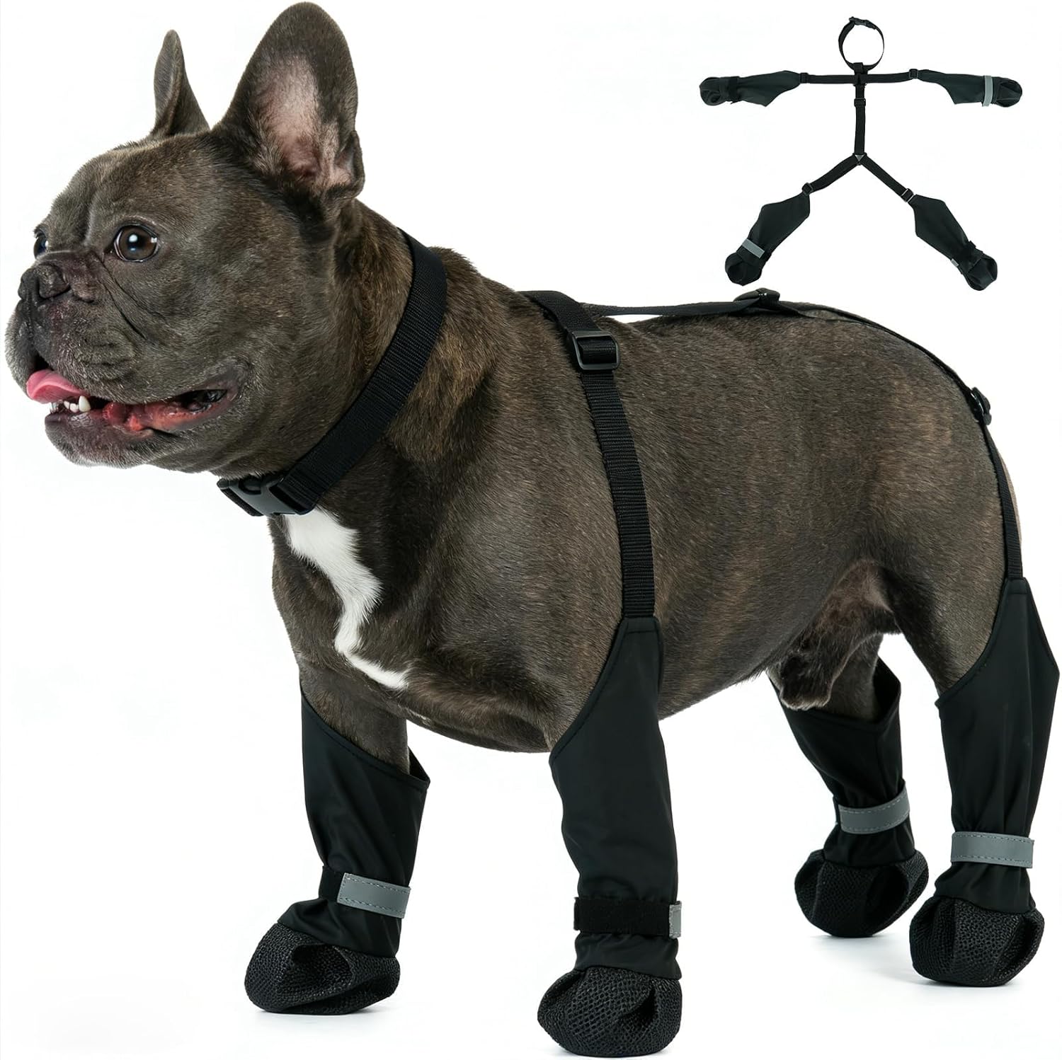 Dog Suspenders Boots, Winter Snow Shoes for Small Dogs, Waterproof Dog Boots for Rain Mud, Anti-Slip Stay-On for Active Dogs, Adjustable Reflective Paw Protector for Walking Hiking, S Black