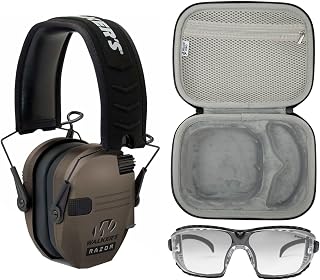 Walkers Razor Slim Electronic Hearing Protection Muff with Noise Reduction (Flat Dark Earth) Bundle with Safety Glasses Case, and Protection Glasses (3 Items) - Walkers Game Ear