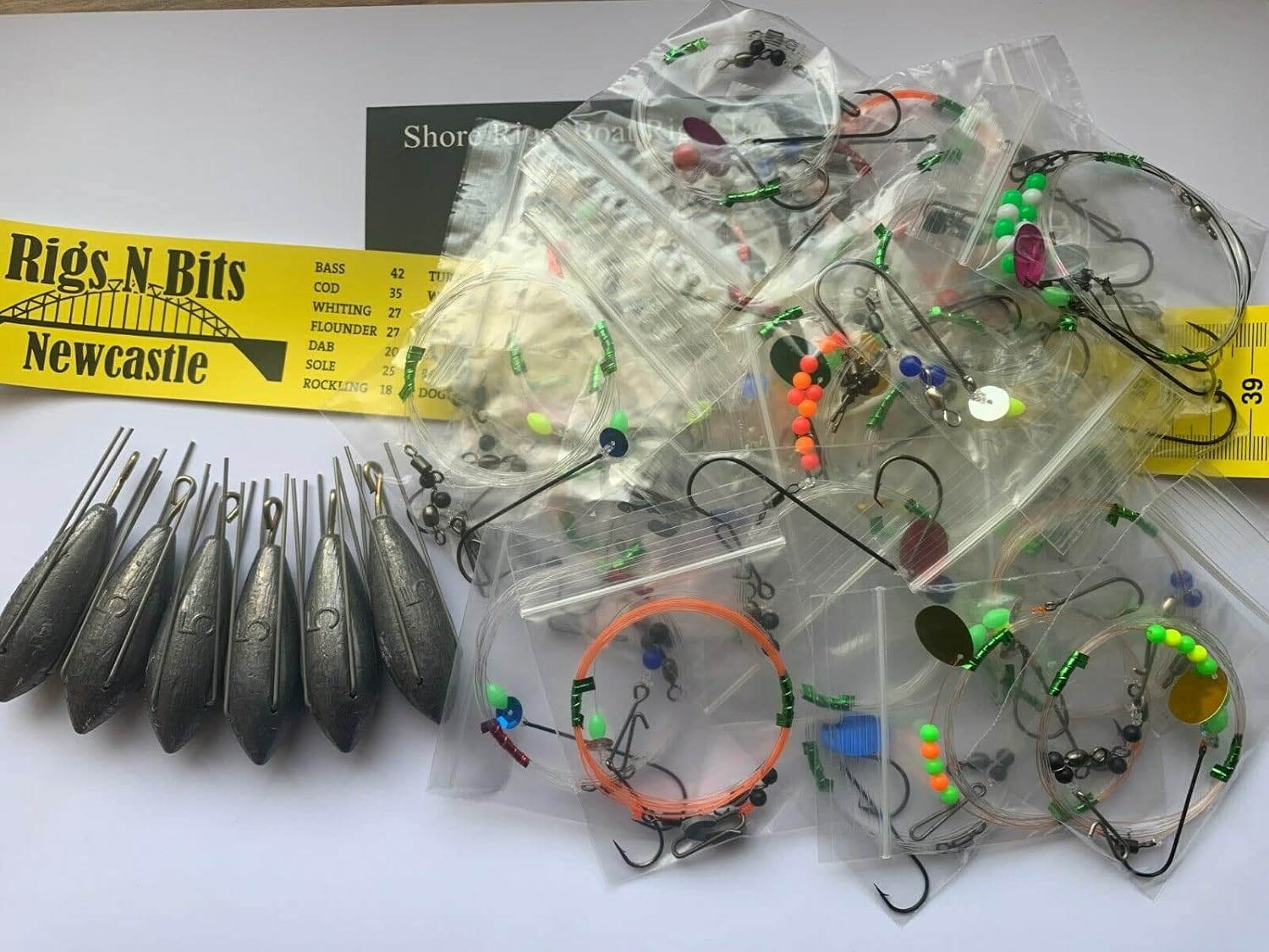 Sea fishing Rigs x 20 Shore Sea Rigs 6 x 5 oz grippers fish measure