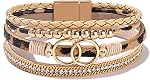 Boho Wrap Bracelets Leather Cuff Bangle Gold Beaded Bracelets for Women Stackable Infinity Bracelets Jewelry with Magnetic Clasp