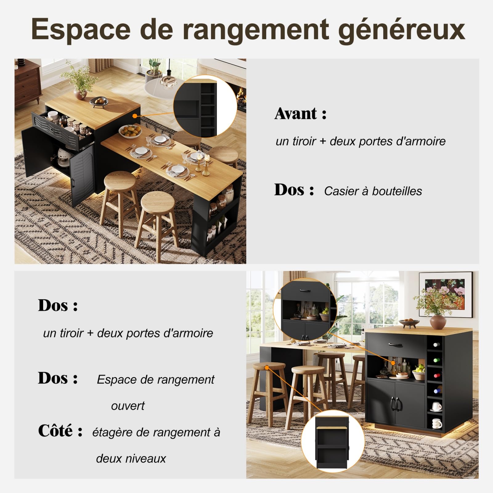 YEHTOKHOME Îlot Central Cuisine avec Plan de Travail Extensible 140-193 cm, Table de Bar avec Rangement, 2 Tiroir et 4 Portes, Armoire à Vin, Éclairage LED, pour 4-6 Personnes Salle à Manger (Noir)
