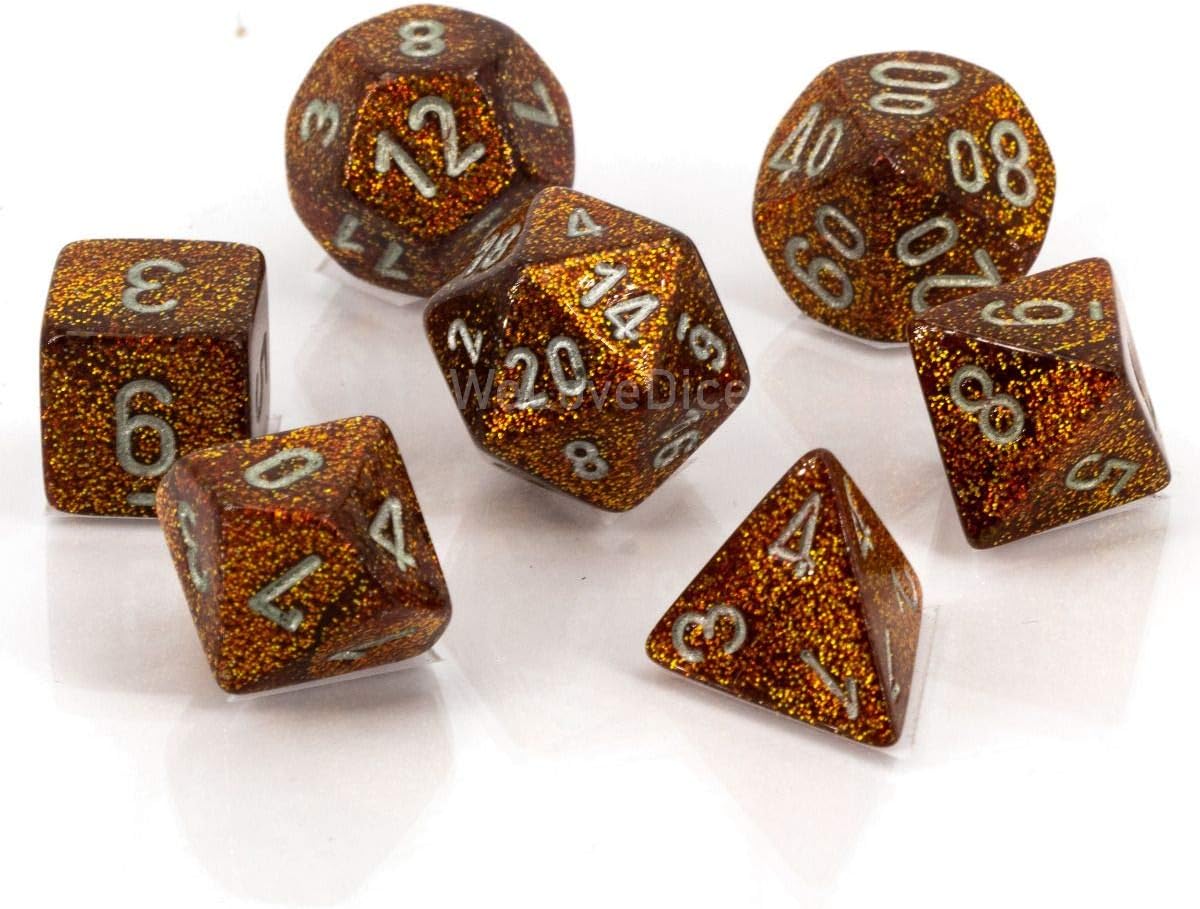 DND Dice Set-Chessex D&D Dice-16mm Glitter Gold and Silver Plastic Polyhedral Dice Set-Dungeons and Dragons Dice Includes 7 Dice - D4 D6 D8 D10 D12 D20 D% (CHX27503)