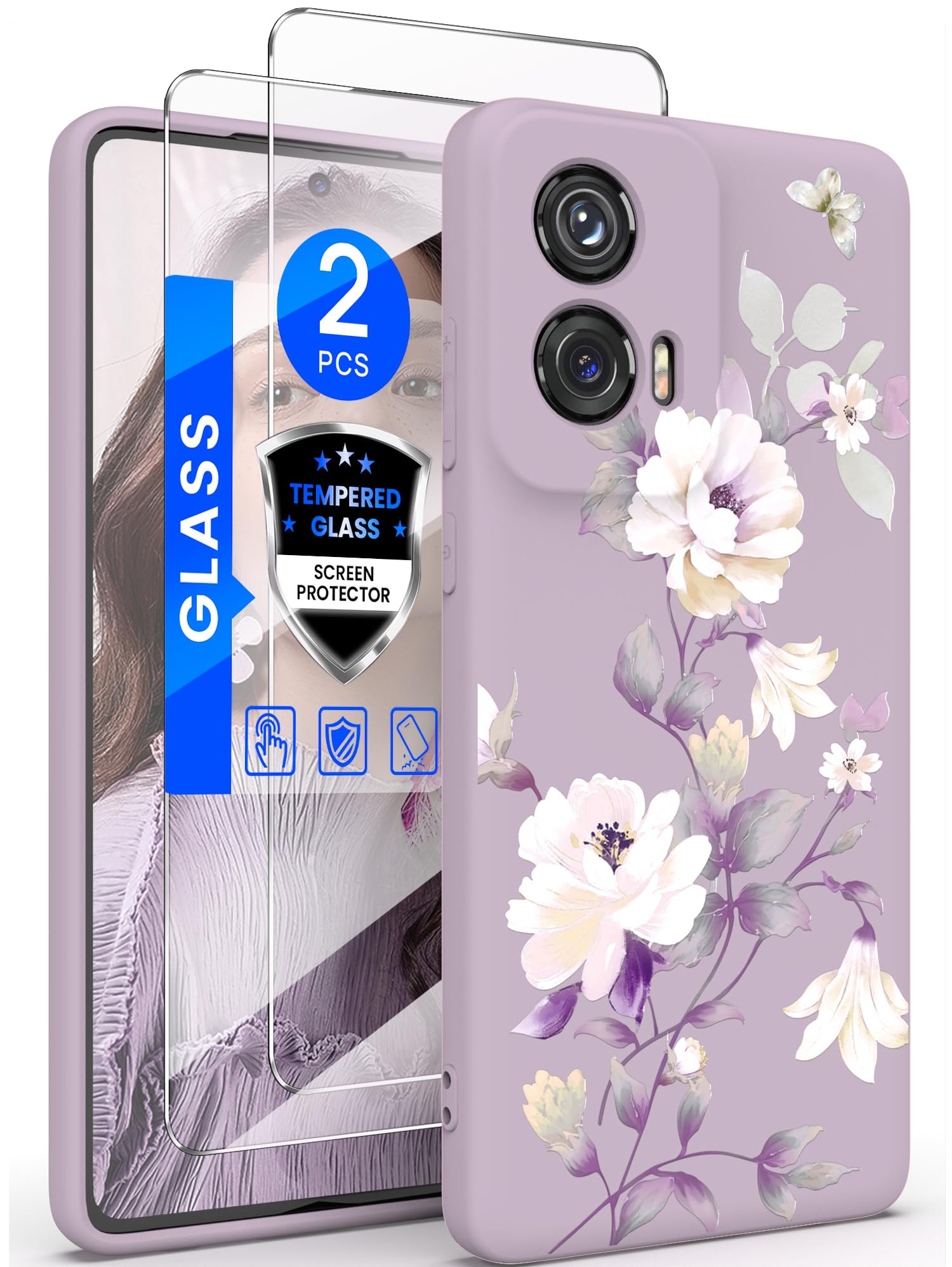 Yucenx for Motorola G Stylus 5G 2024 Case with 2X Tempered Glass Screen Protectors, Girls Women Florals Liquid Silicone Phone Case, Shockproof