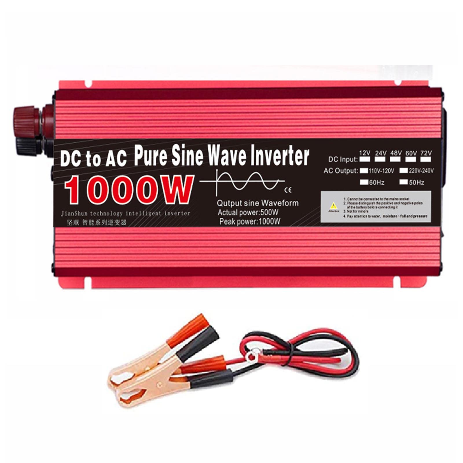 Przetwornica napięcia 1000W czysta fala sinusoidalna przetwornica DC 12V/24V do 110V/220V AC konwerter samochodowy do gospodarstwa domowego, kamperów, ciężarówek, kempingów