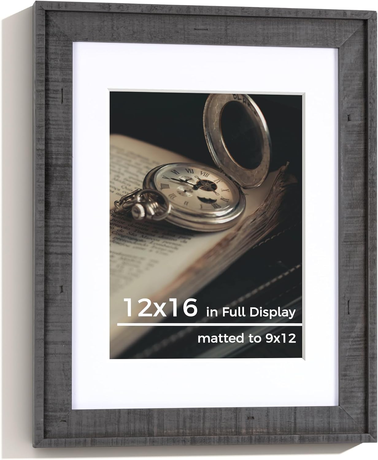 12x16 Wood Picture Frame, 12x16 inch Photo Frame with 9x12 Removable Mat, Distressed Rustic Country Style with Chisel Marks, High Definition Tempered Glass, Vertical and Horizontal Display, Wall Hook Hanging Hardware Included, Grey