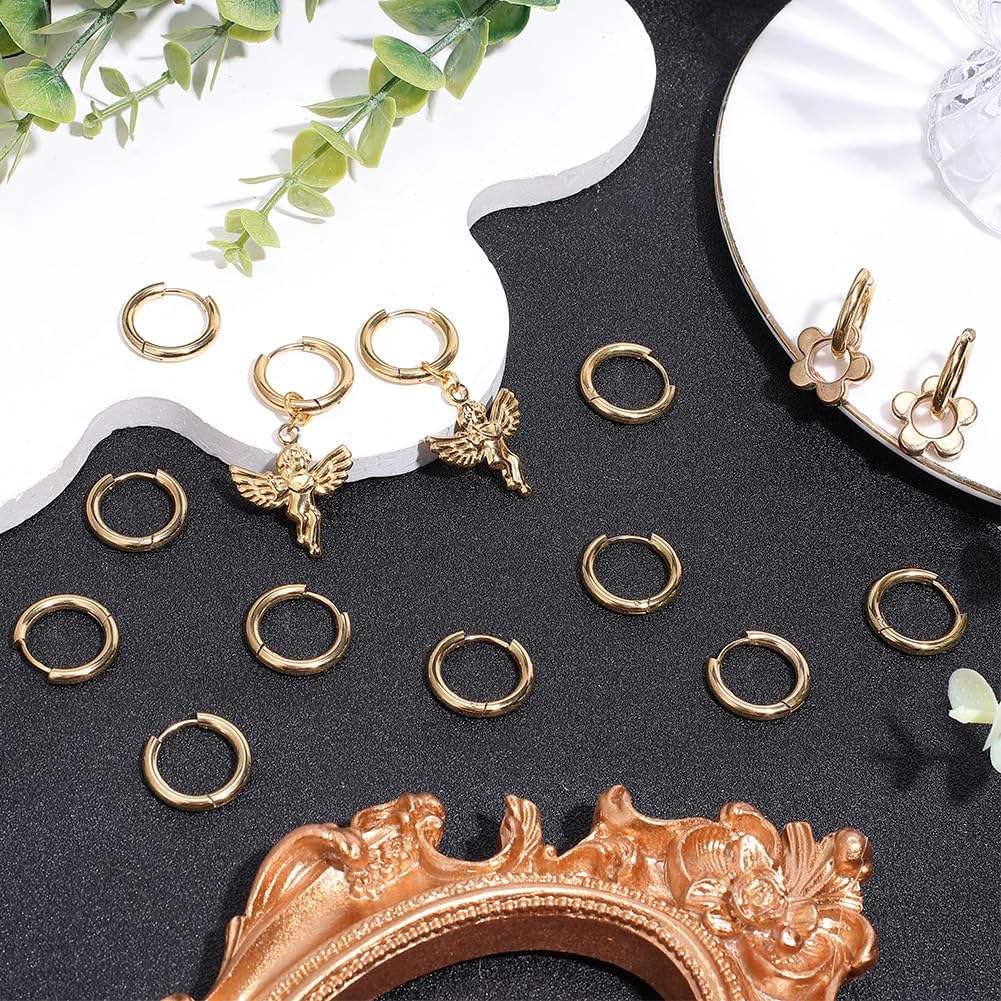 SUNNYCLUE 1 Box 24Pcs 15mm Gold Huggie Hoop Earrings Set Stainless Steel Huggie Hoops Bulk Metal Lever Backs Round Alloy Findings Clasp Earrings Ear Hooks for Jewelry Making Women Supplies DIY Crafts