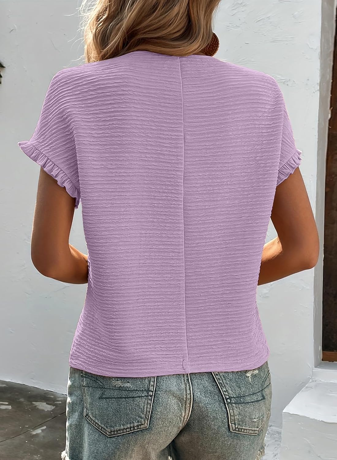 SHEWIN Womens Summer Tops Crewneck Short Sleeve T Shirts Casual Textured Work Shirt Loose Blouses - Image 3