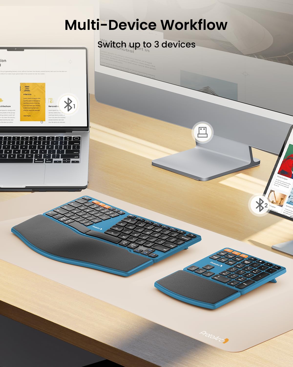 ProtoArc Bluetooth Ergonomic Keyboard, Wireless Split Keyboard with Separate Number Pad, Dual Bluetooth and USB, Hard Wrist Rest, Rechargeable for Windows/Mac/Android - Blue — view 4