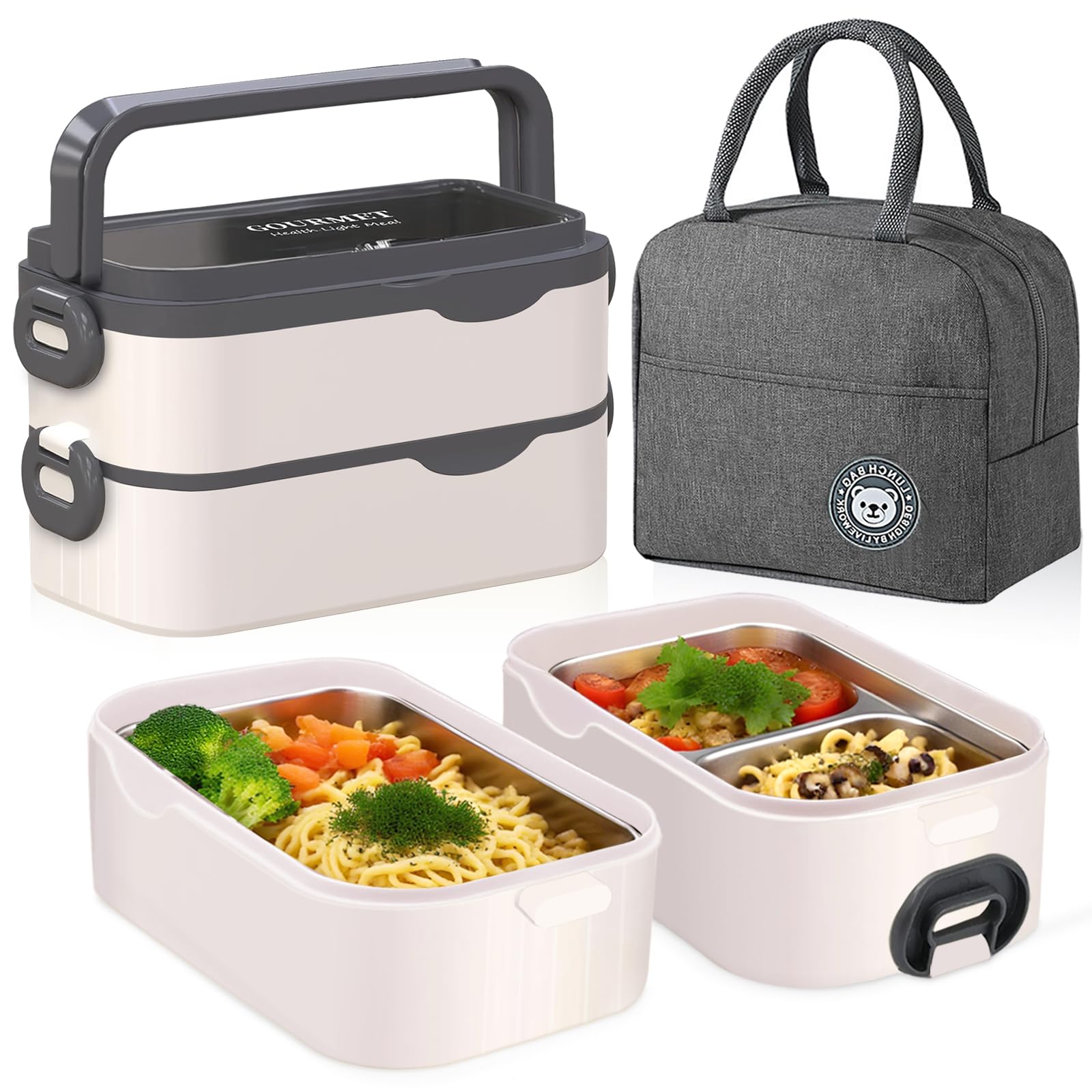 Yoawllty Lunch Box for Adult&Kids, Stainless Steel Bento Lunch Box with Insulated Lunch Bag, 2 Layer Lunch Containers includes Spoon and Fork for Office, Camping, Back to School Lunch Box for Kids