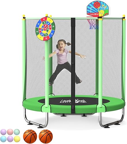 5 FT Trampoline for Kids with Safety Enclosure Net - 60" Trampoline Mini Toddler Trampoline for Indoor & Outdoor with Basketball Hoop, Dart Board