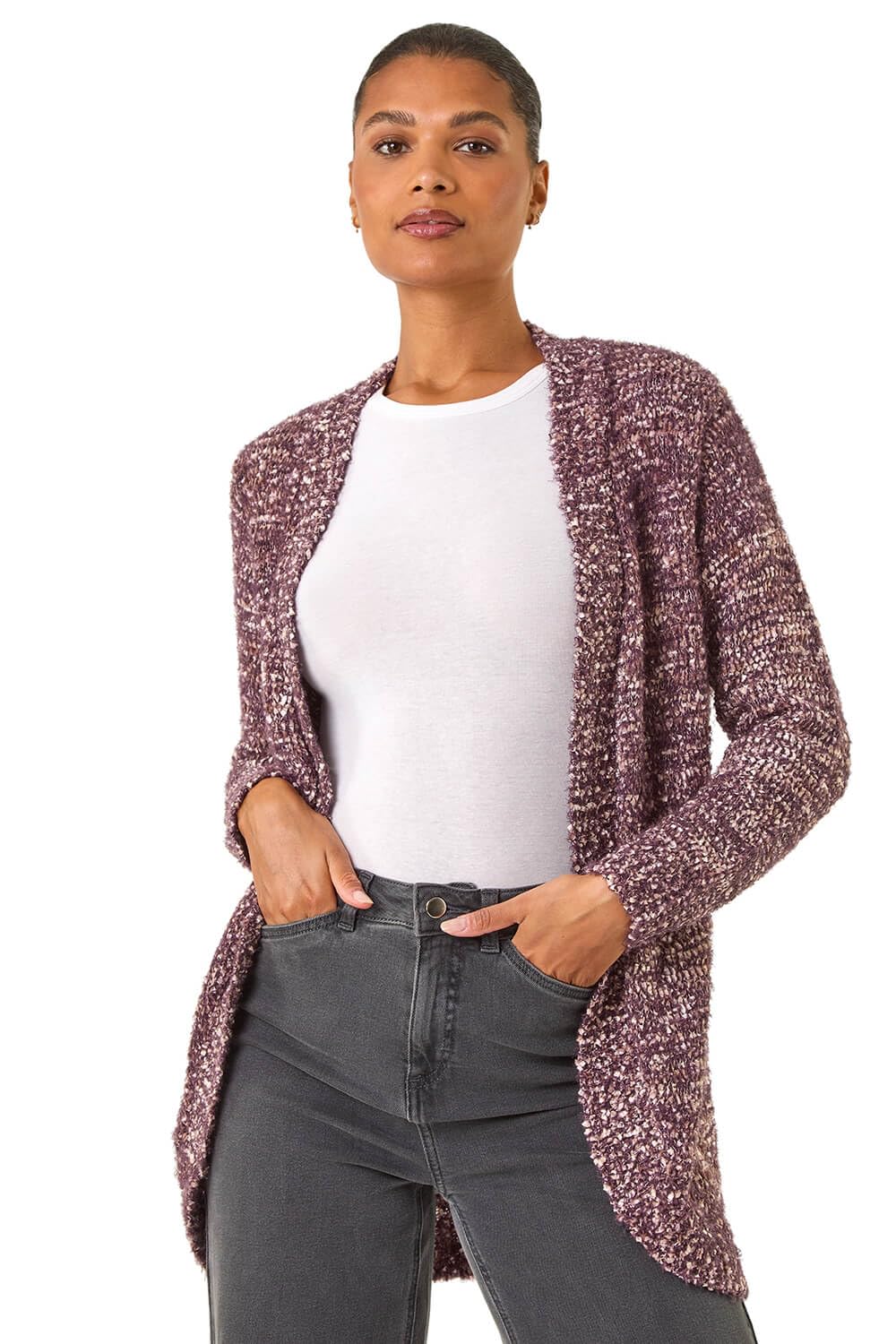 Roman Originals Women's Mauve Speckled Popcorn Knit Cardigan For Uk - Everyday Autumn Winter Comfy Soft Evening Vacation Work Party Night Out - Size 20