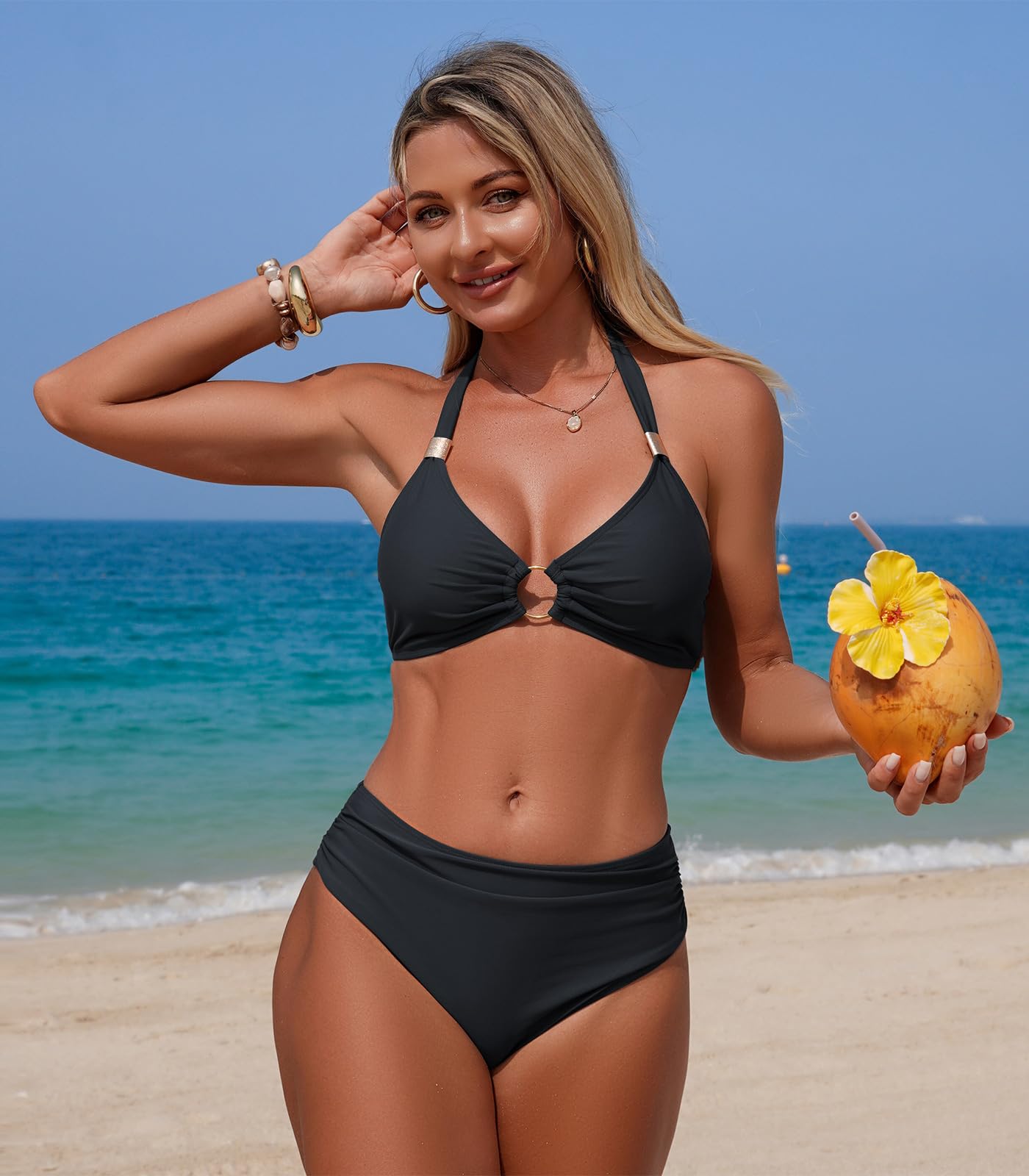 Genfien Costume da Bagno Donna Due Pezzi Bikini Set Halter Collo A V Sexy Costumi da Mare Push Up Bikinis Top Vita Media Abiti da Spiaggia Brasiliano Beachwear Swimwear