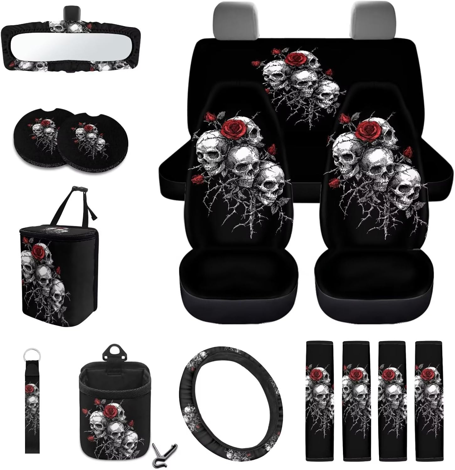 Skull Rose Pattern Car Accessories Set of 15, Full Set Seat Covers with Car Steering Wheel Cover Seatbelt Strap Shoulder Pad Coasters Trash Can Air Vent Storage Bag