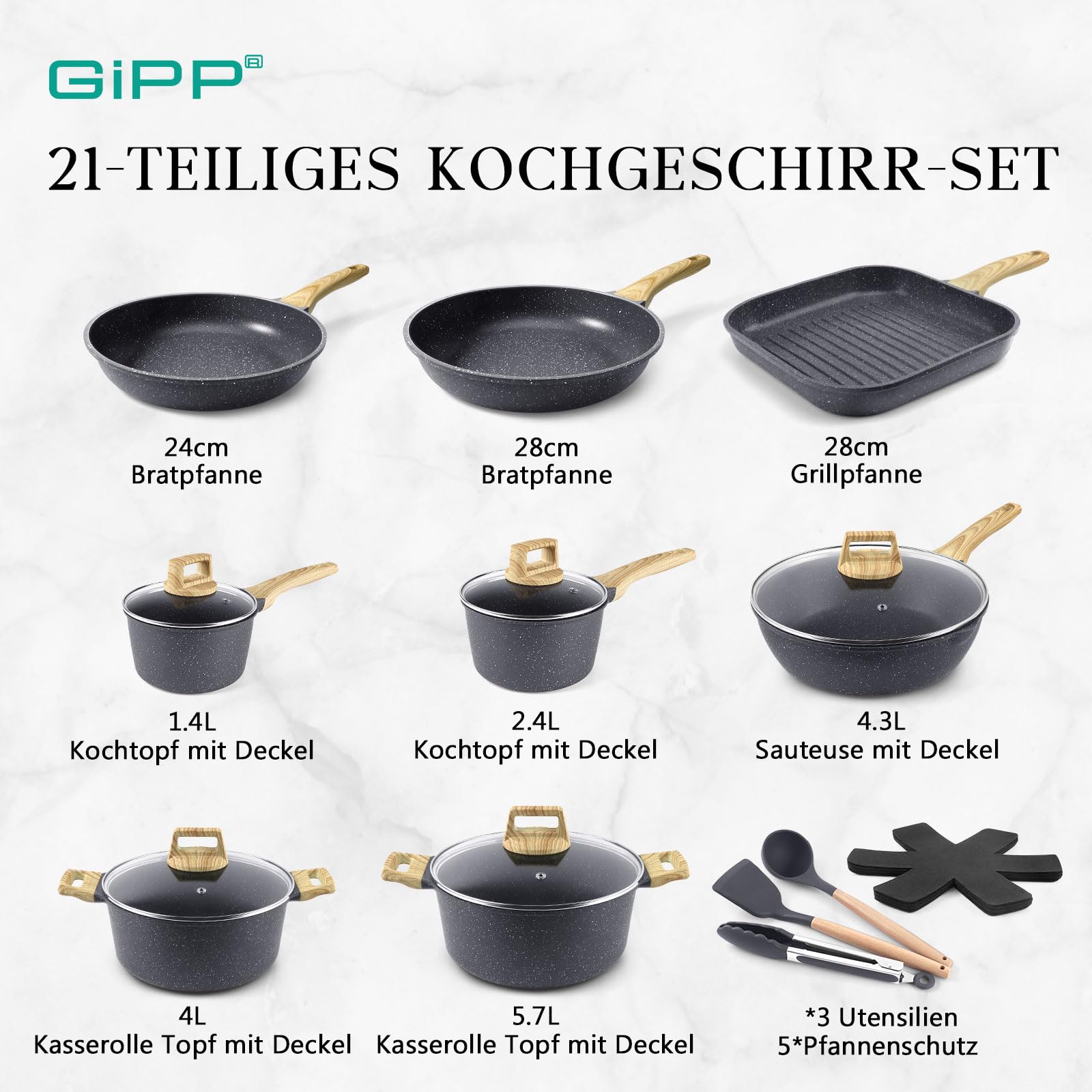 GiPP Pfannen- und Topfset mit Keramischer Antihaftbeschichtung – 21-Teiliges Induktions-Pfannenset mit Pfannenwender + Löffel, Ungiftig, für Verschiedene Herdarten Geeignet,Grau