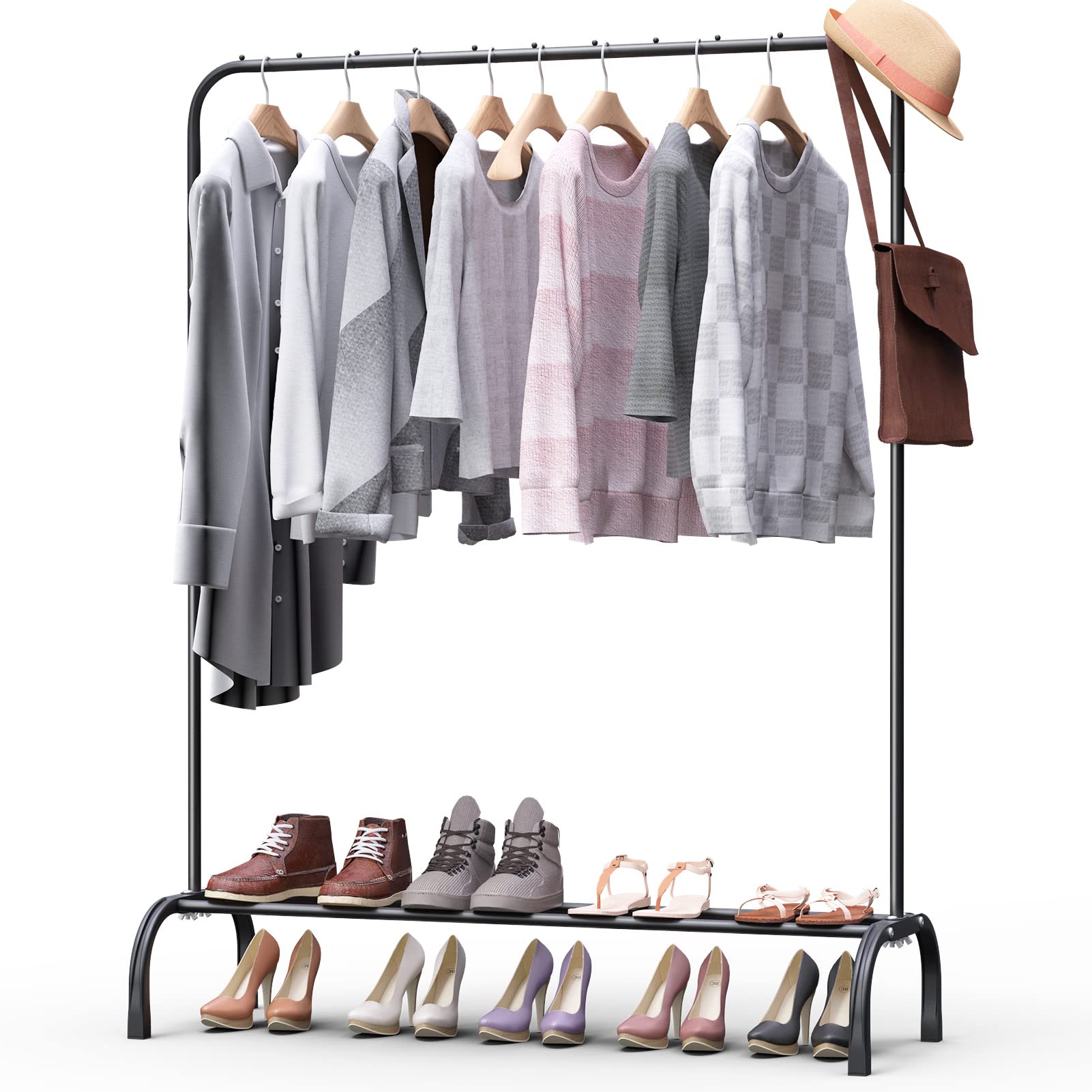 Clothes Rail Clothing Garment Rack Metal Clothes Rail Coat Rail with Bottom Rack With Shoe Rack Storage Shelf for Coats Skirts Sweaters Black