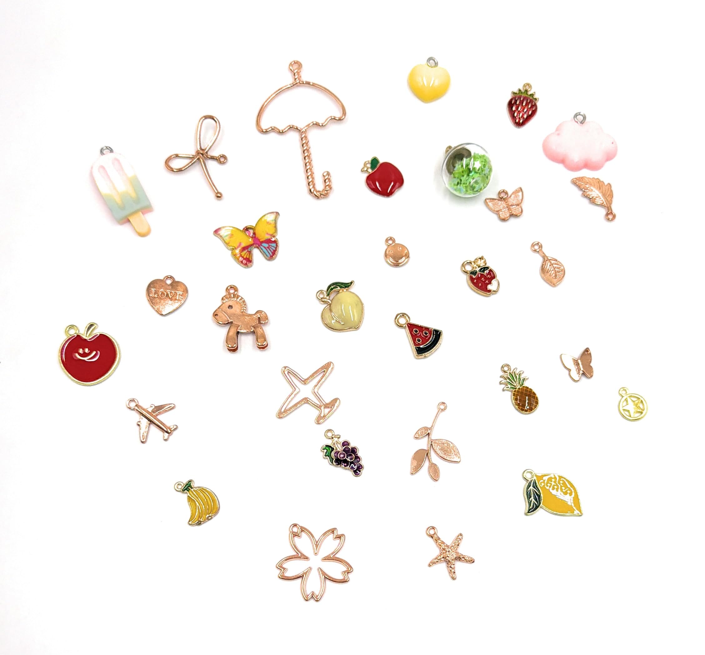 30PCS Assorted Gold Plated Enamel Animal Moon Star Fruit Charm Pendant DIY for Necklace Bracelet Jewelry Making and Crafting