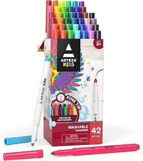 ARTEZA (アーテズ) キッズ 細字 ウォッシャブルマーカー 明るい42色 洗えるマーカーペン 36本 洗濯不可ネオンペン 6本 学用品 3歳以上