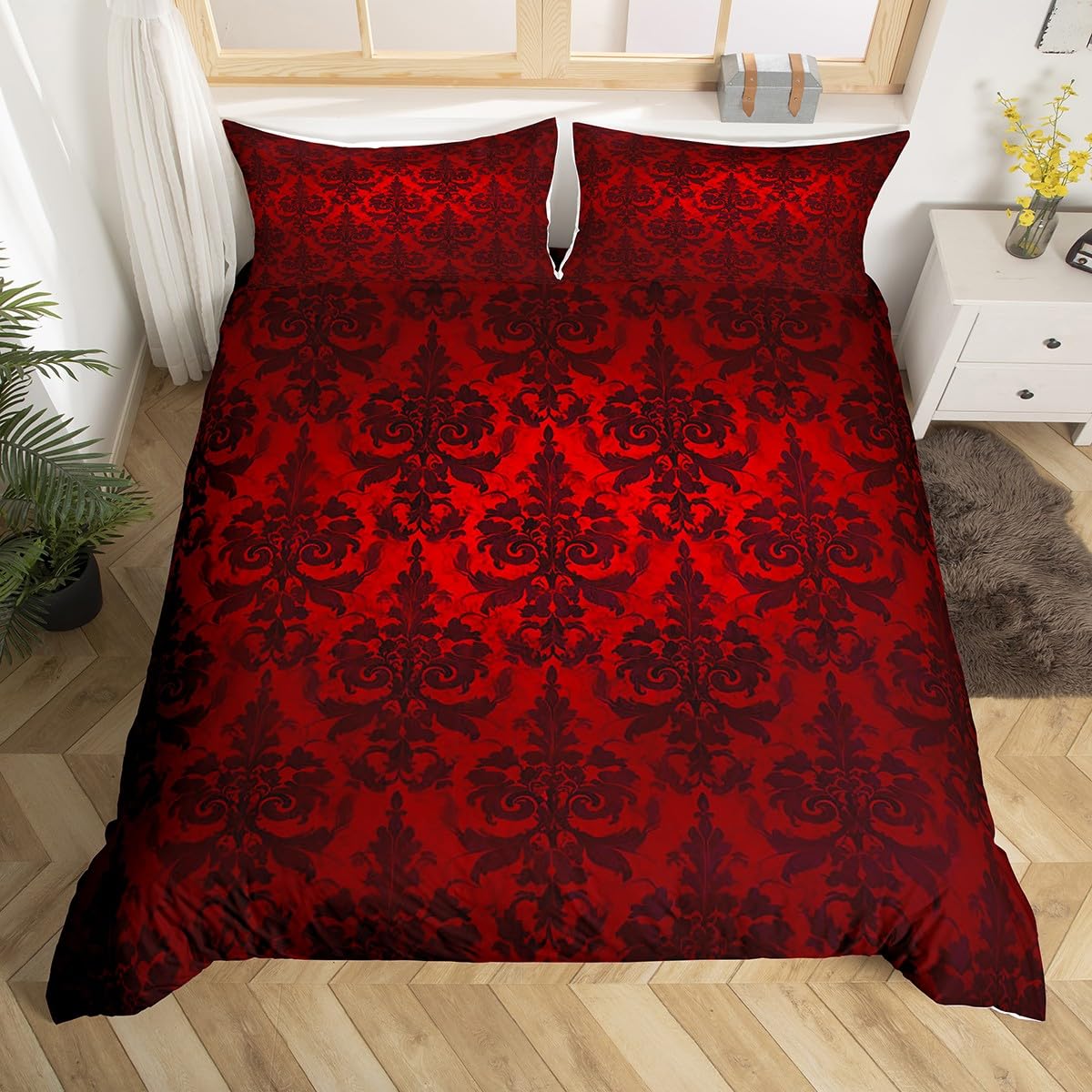 Homewish Gotische Bettwäsche Sets Erwachsene Schwarz Damast Bettbezug Set,Viktorianische Tröster Bezug 155x220 Vintage Barock Goth Bett Set Antik Schwarz Floral Böhmische Dekor,Rot