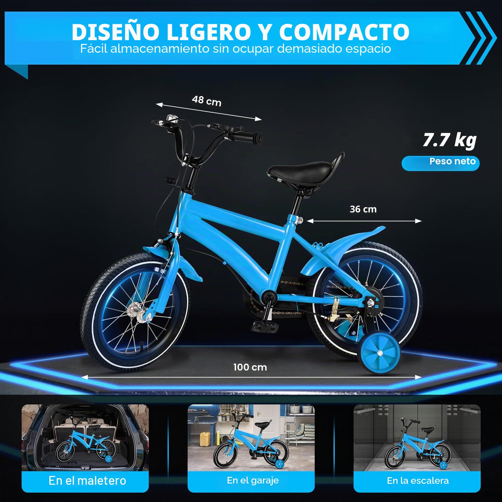 Bicicleta infantil de 14 pulgadas, bicicleta a partir de 3 – 6 años para niña, color blanco, bicicleta infantil con guardabarros y freno delantero y trasero combinado, de acero al carbono de