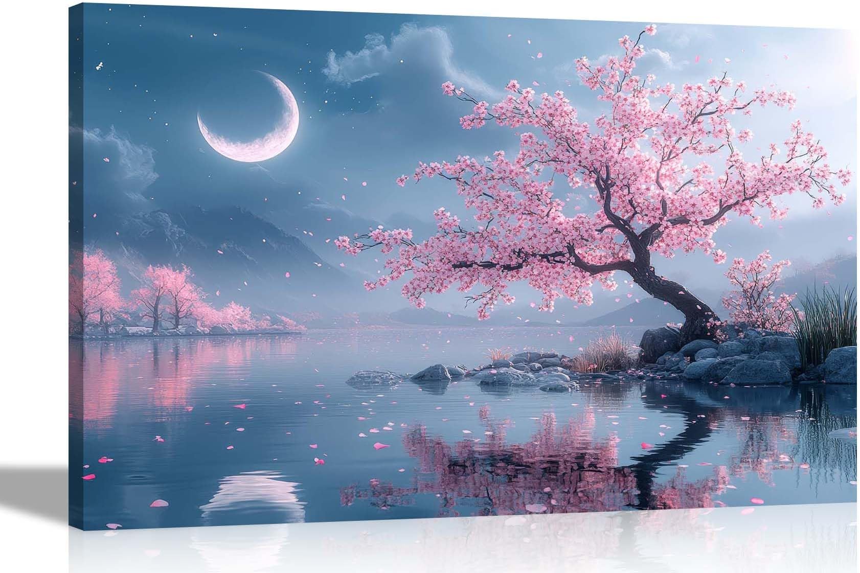 Moon Cherry Tree Landscape Mountain Lake View Canvas Wall Art Prints for Living Room Décor Nature Home Office Pictures Extra Large 101 x 76cm (40 x 30 inches)
