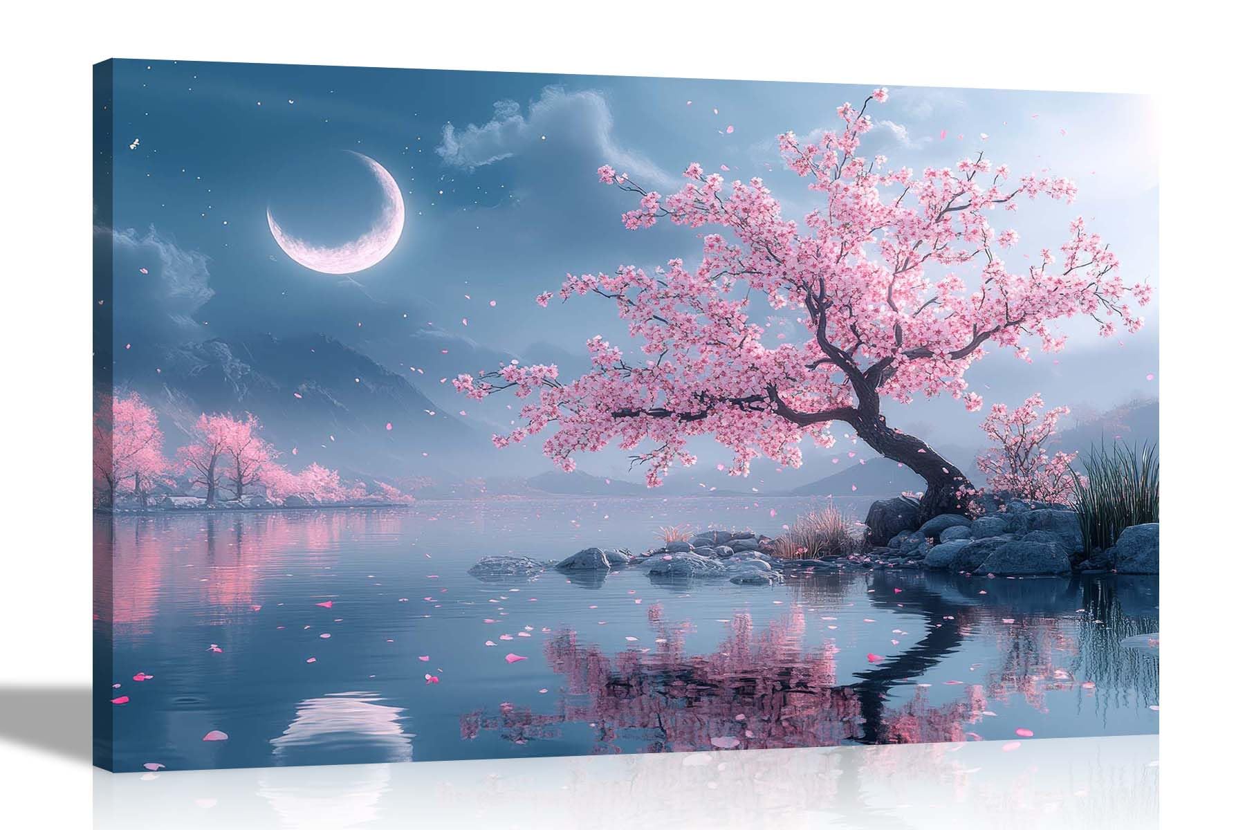 Artley Prints Halfmoon Pink Tree Land - Moon Cherry Tree Landscape Mountain Lake View Canvas Wall Art Prints For Living Room Décor Nature Home Office Pictures 76 X 50Cm (30 X 20 Inches)