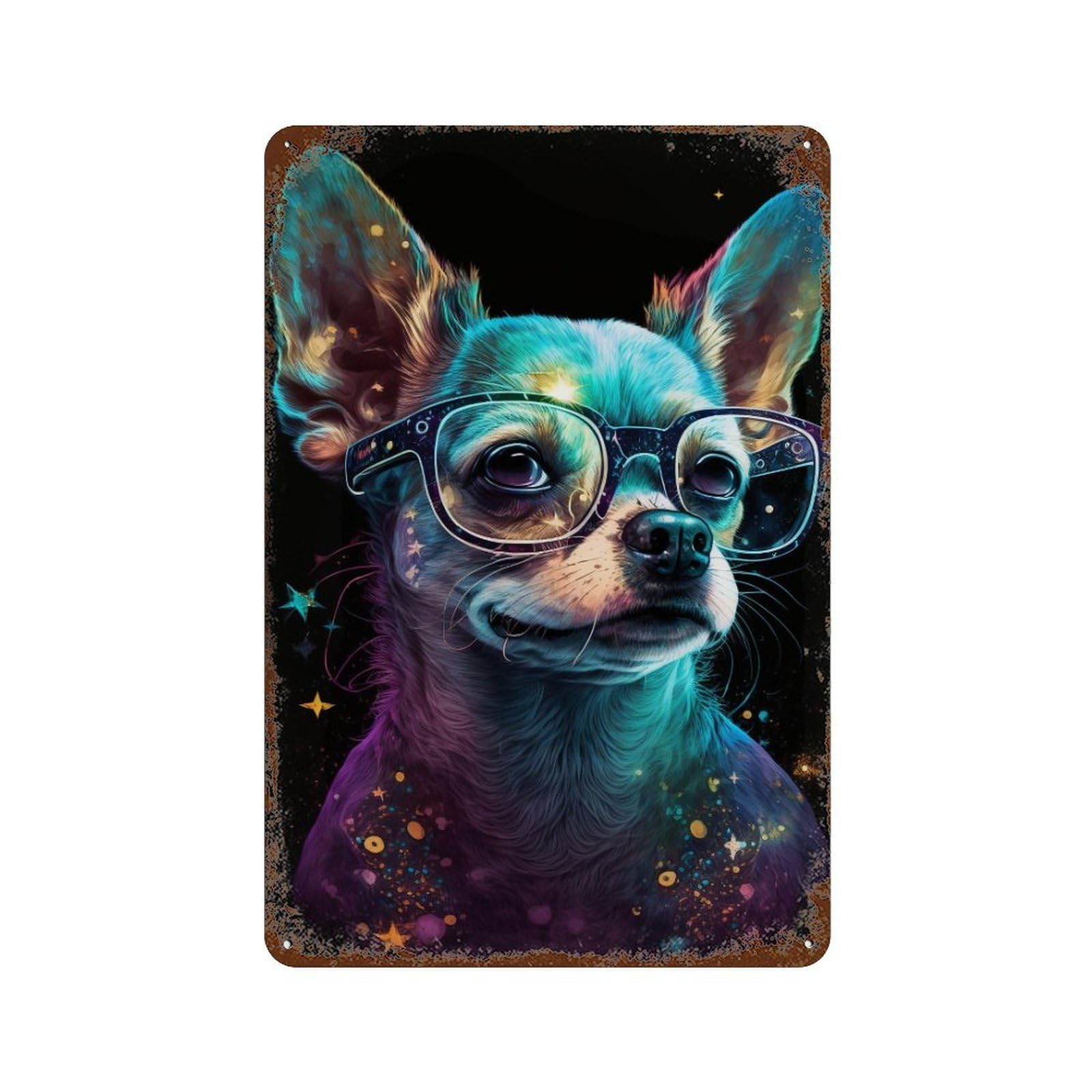 Rust Effect Cosmic Chihuahua Glasses Rusty Metal Tin Sign 11.8"x7.9", Farmhouse Wall Decor for Cafe, Home Bar And Lounge Decor