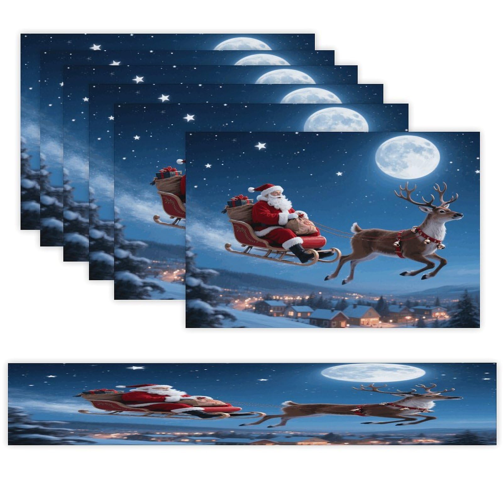 Christmas Table Runner and Placemats Set of 7 Linen Table Mat Non-Slip Place Mats Washable Placemat Heat Resistant Place Mat with Table Runner for Party Dining Decor