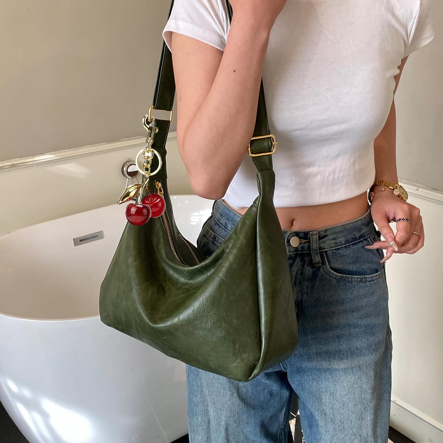 Hobo Bags for Women Leather,Foldable Slouchy Shoulder Purse Crossbody Handbag,Soft Vegan Brown Tote Casual Everyday Handbags - Image 2