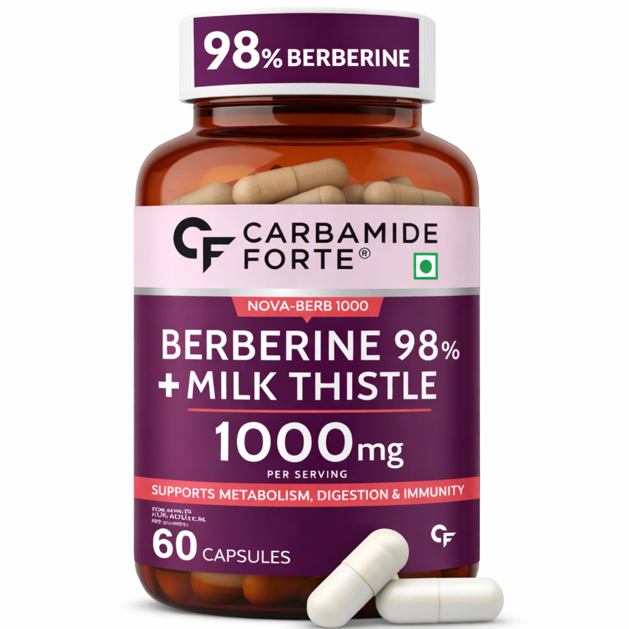 Carbamide Forte 98% Berberine supplements with Milk Thistle | 1000mg Berberine HCl per Serving for Metabolism, Digestion, Liver Detox & Immunity Support | High Potency Berberine HCl – 60 Veg Capsules — Amazon image 11