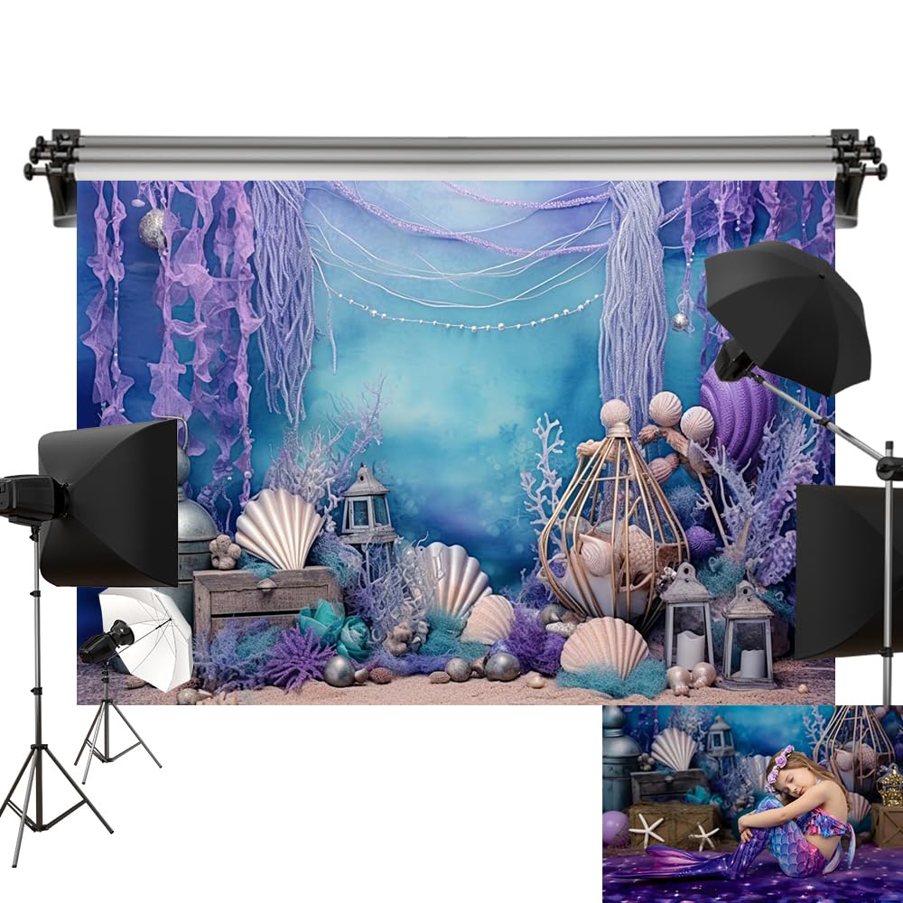 Kate Purple Blue Deep Sea Shell Mermaid Backdrop Fairy Tale Underwater World Photography Backgrounds 7x5ft