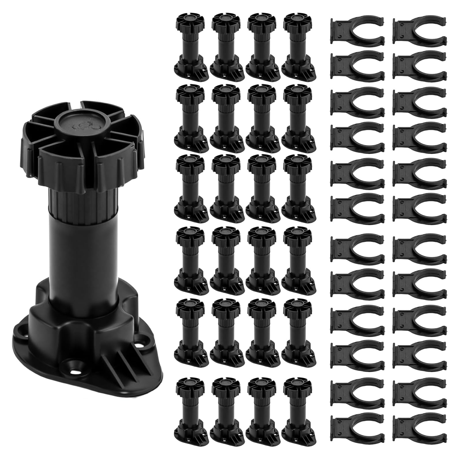 QKNOSM 24 Pcs Kitchen Cabinet Legs, Adjustable Furniture Cupboard Leg Black Plastic Cabinets Foot with Plinth Clips Adjustable Height Furniture Feet 100-140 mm