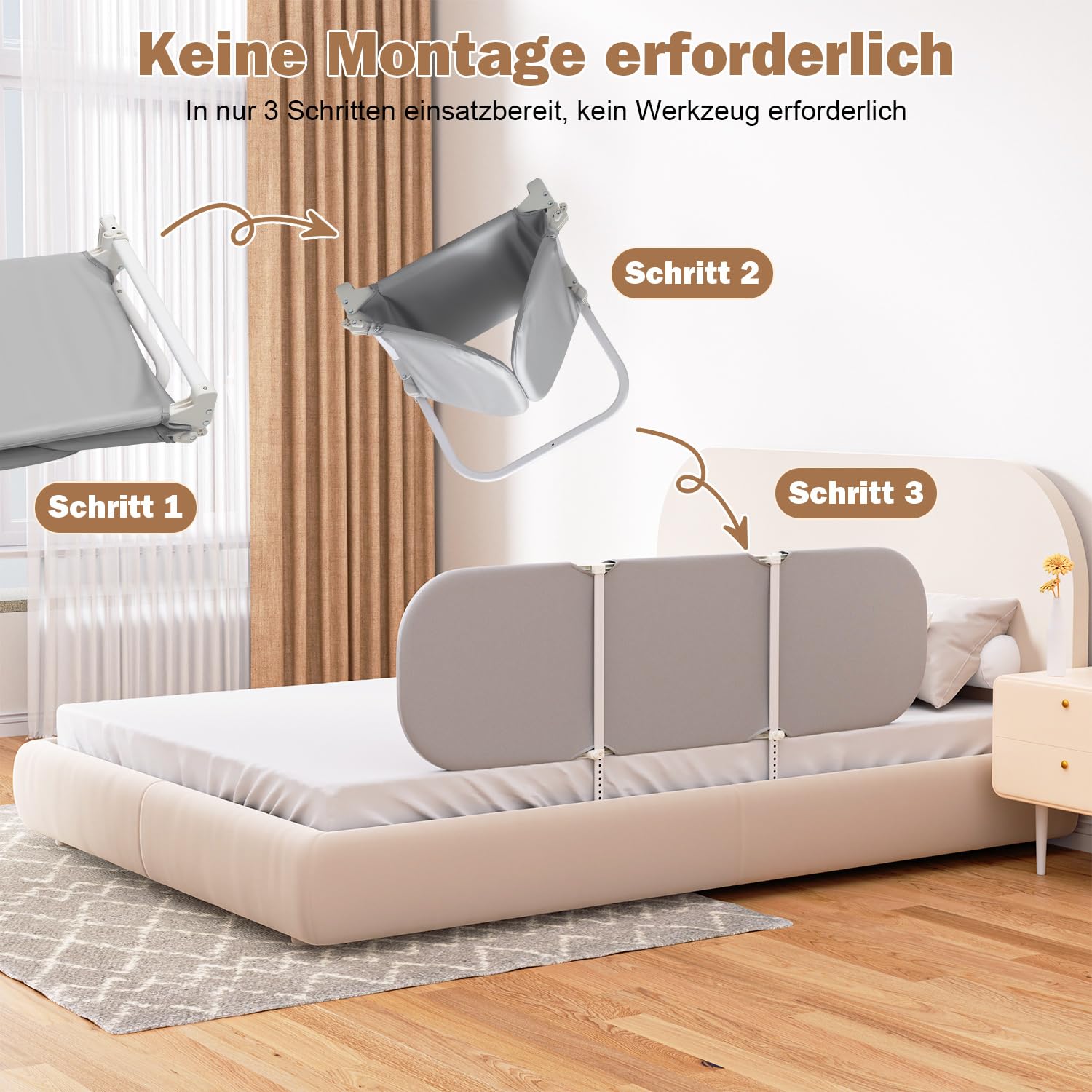Bettgitter, Rausfallschutz Bett mit 150 cm, Rausfallschutz für Kinderbetten, Höhenverstellbares Kinderbettgitter, klappbares Bettschutzgitter, Grau