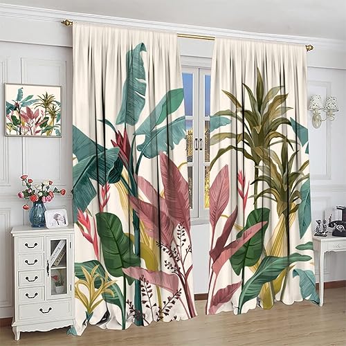 Miniatura 4 de Cortinas de hojas tropicales y flores, estilo retro, hojas de plátano verde, con diseño de paisaje tranquilo, bolsillo para barra, cortinas opacas