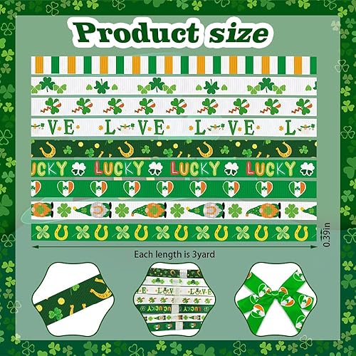 Miniatura 2 de ALIBBON 9 rollos de cinta verde del día de San Patricio de 27 yardas 38 pulgadas para decoración del día de San Patricio, cinta de grogrén de trébol