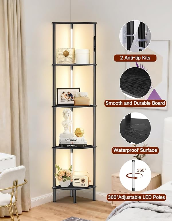 OUTONLIFE 5-Tier Corner Bookshelf with LED Lights, Touch & Remote Control, 3 Color Temperatures, Dimmable Narrow Display Shelf with 1-Hour Timer for Living Room, Bedroom, Office (Black) by OUTONLIFE - Image 5