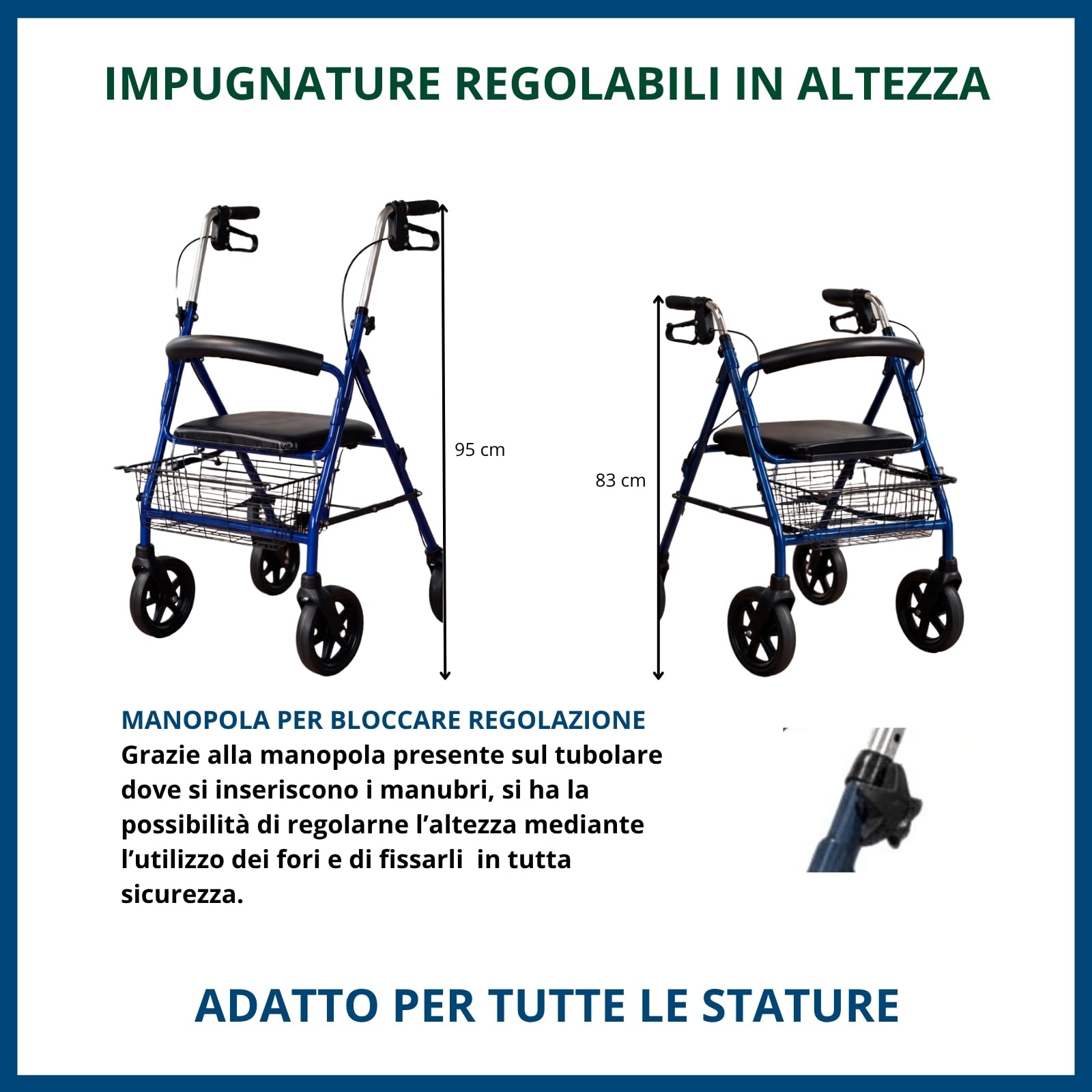 TERMIGEA RO23 Deambulatore per Anziani con Seduta Pieghevole in Alluminio Ultraleggero, Carrello per Anziani per Camminare con Sedile, Freni di Stazionamento e Altezza Impugnature Regolabile